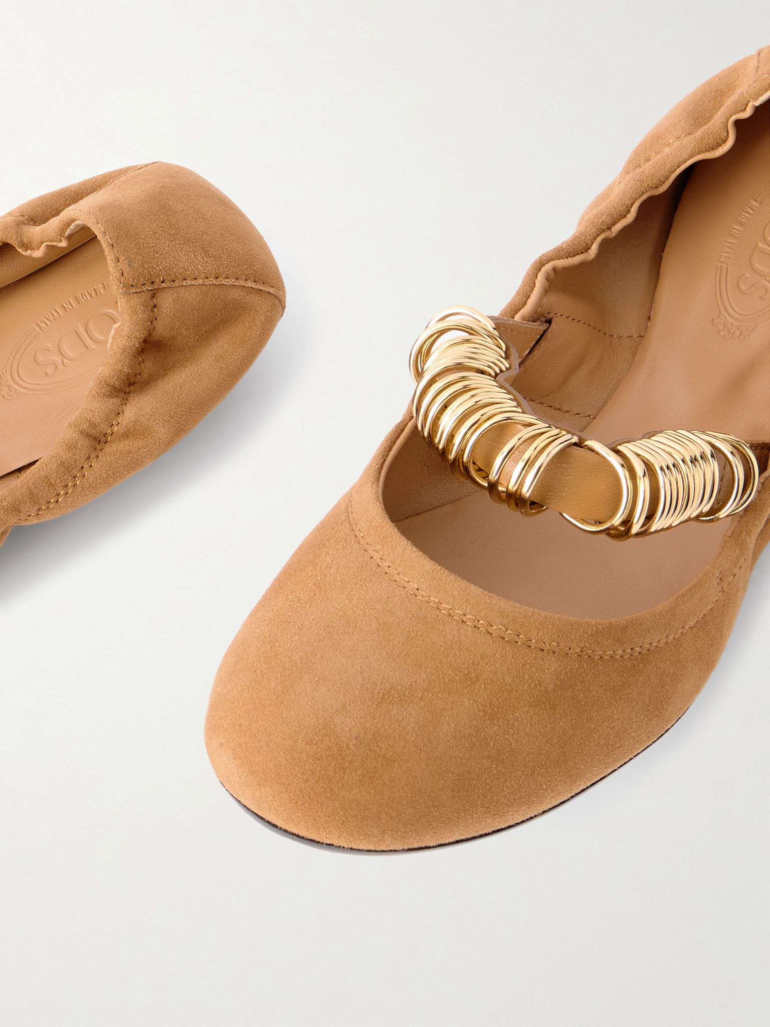 Ballerina embellished leather-trimmed suede flats Tan - 4