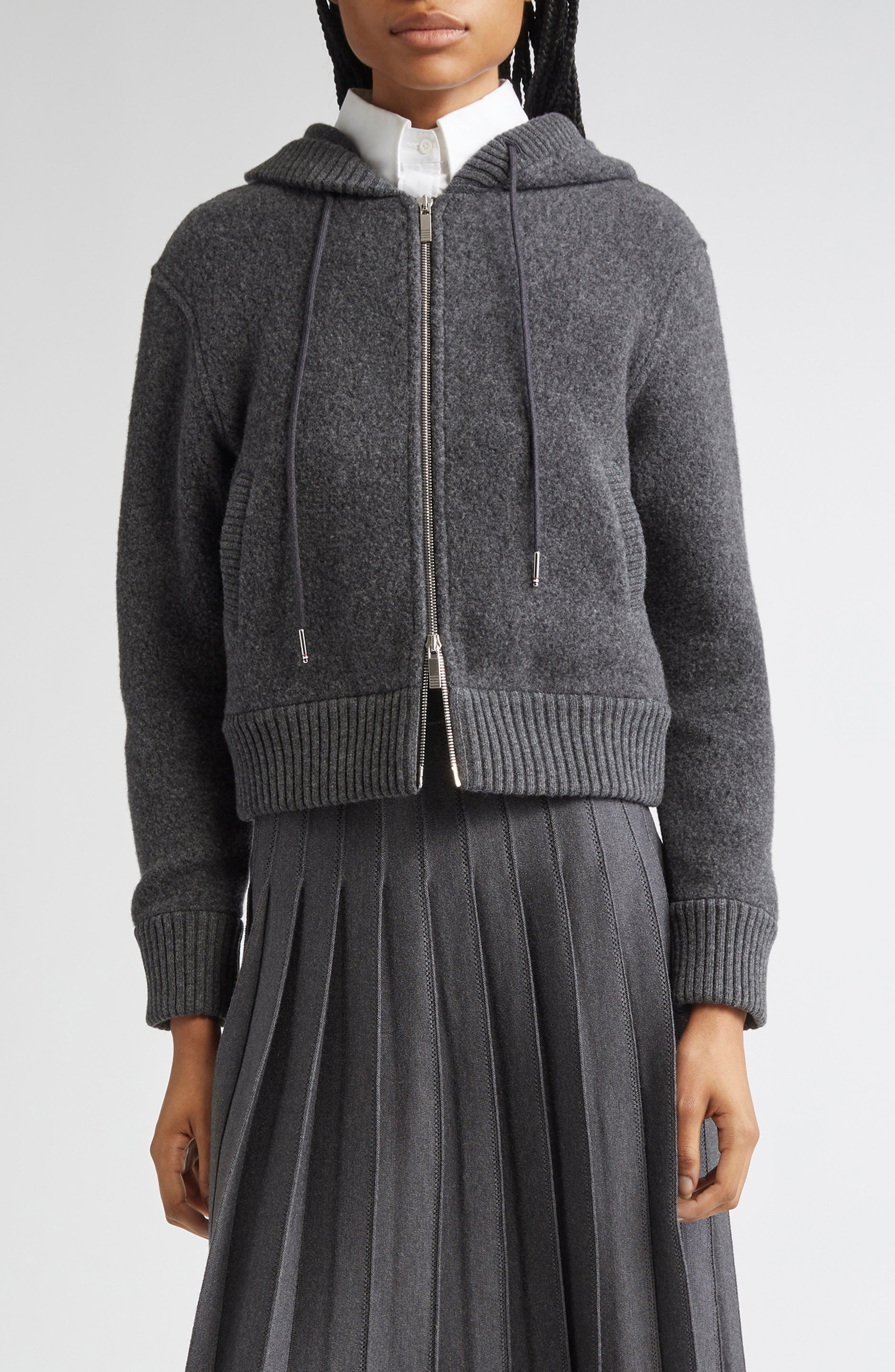 Thom Browne Wool Fleece Full Zip Hoodie in Charcoal at Nordstrom - 1