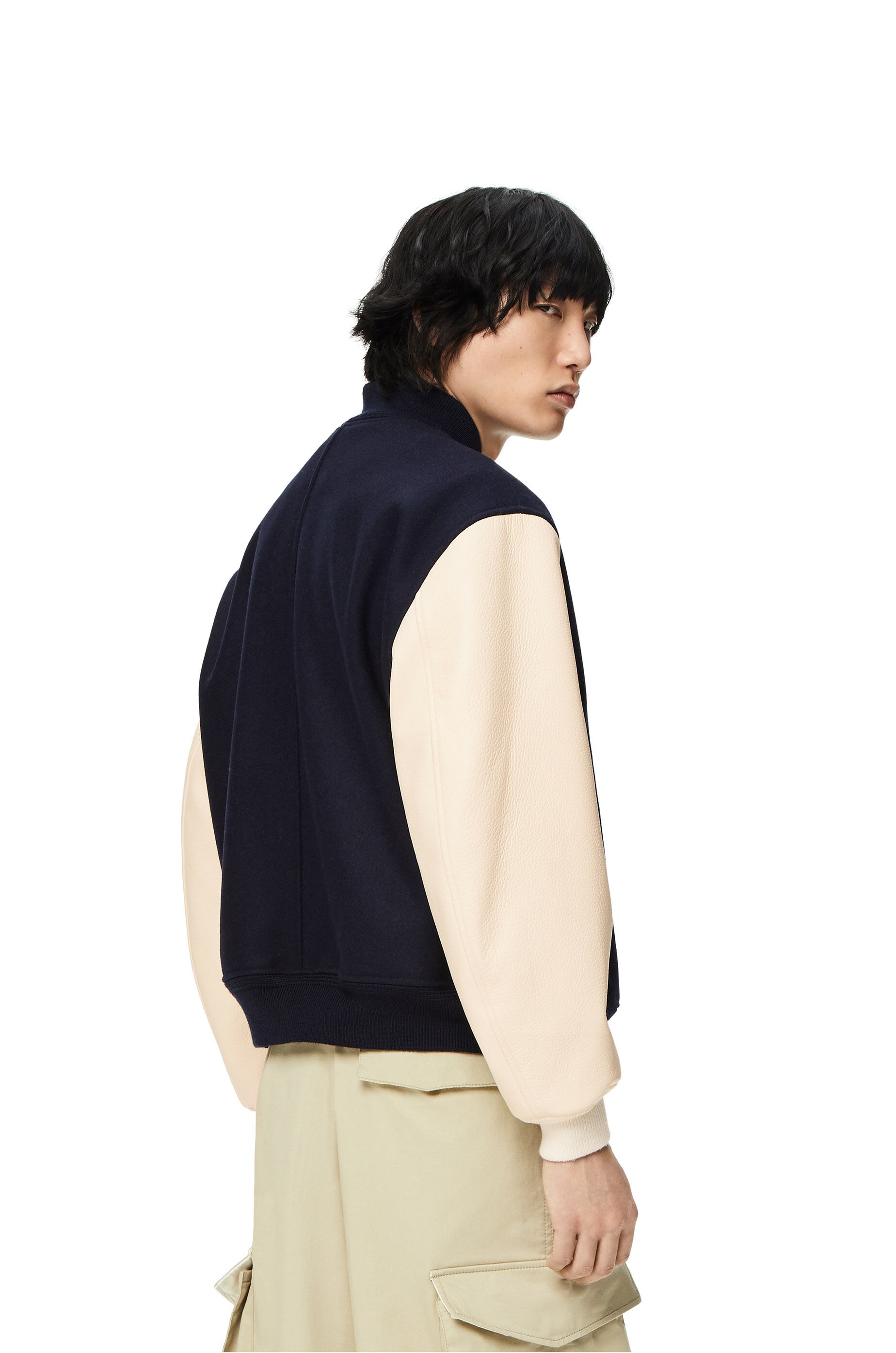 Leather sleeve bomber in wool - 4