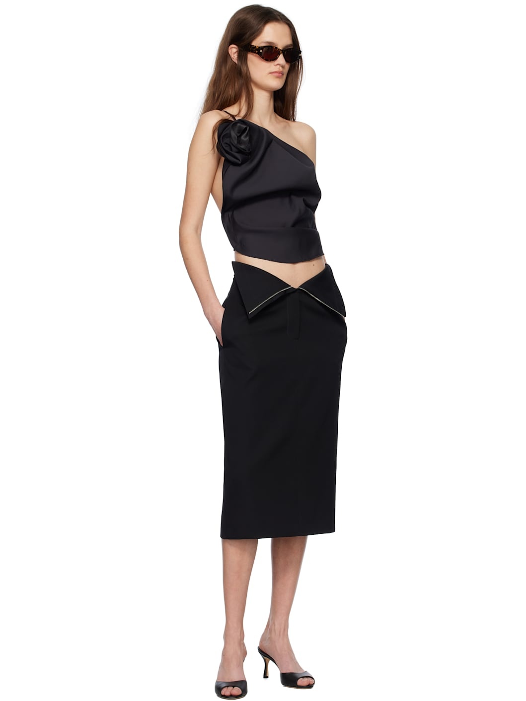 Black One Shoulder Draped Top - 4