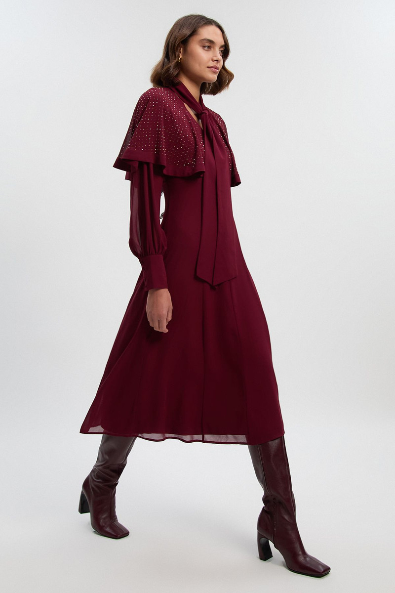 Hotfix Studded Tie Neck Detail Cape Woven Maxi Dress - 1