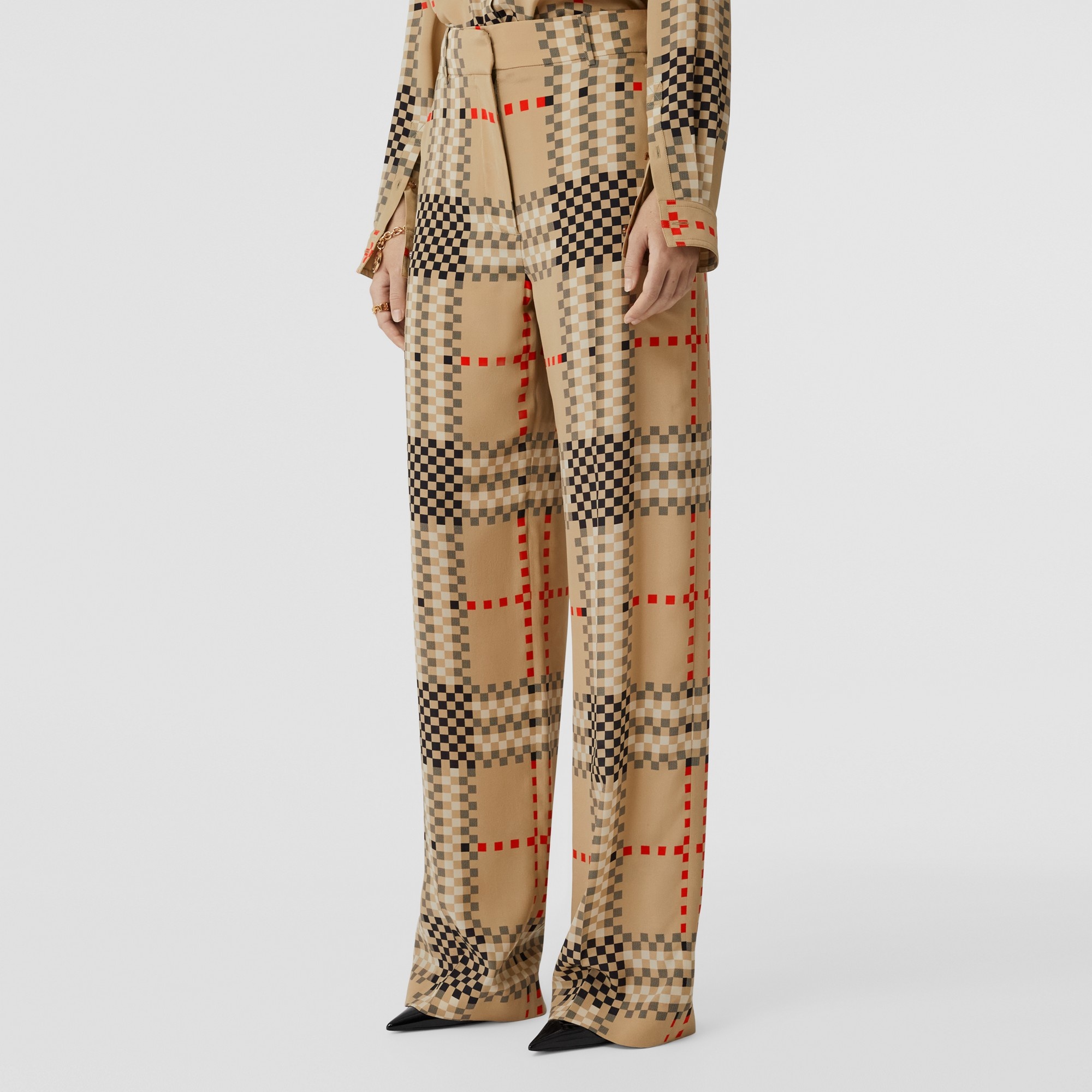 Pixel Check Silk Crepe de Chine Wide-leg Trousers - 6