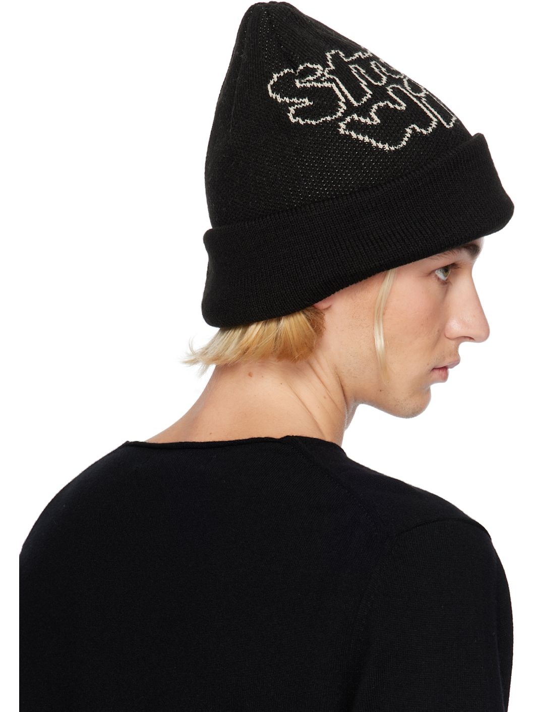 Black Jacquard Knit 'STRONG WILL' Beanie - 3