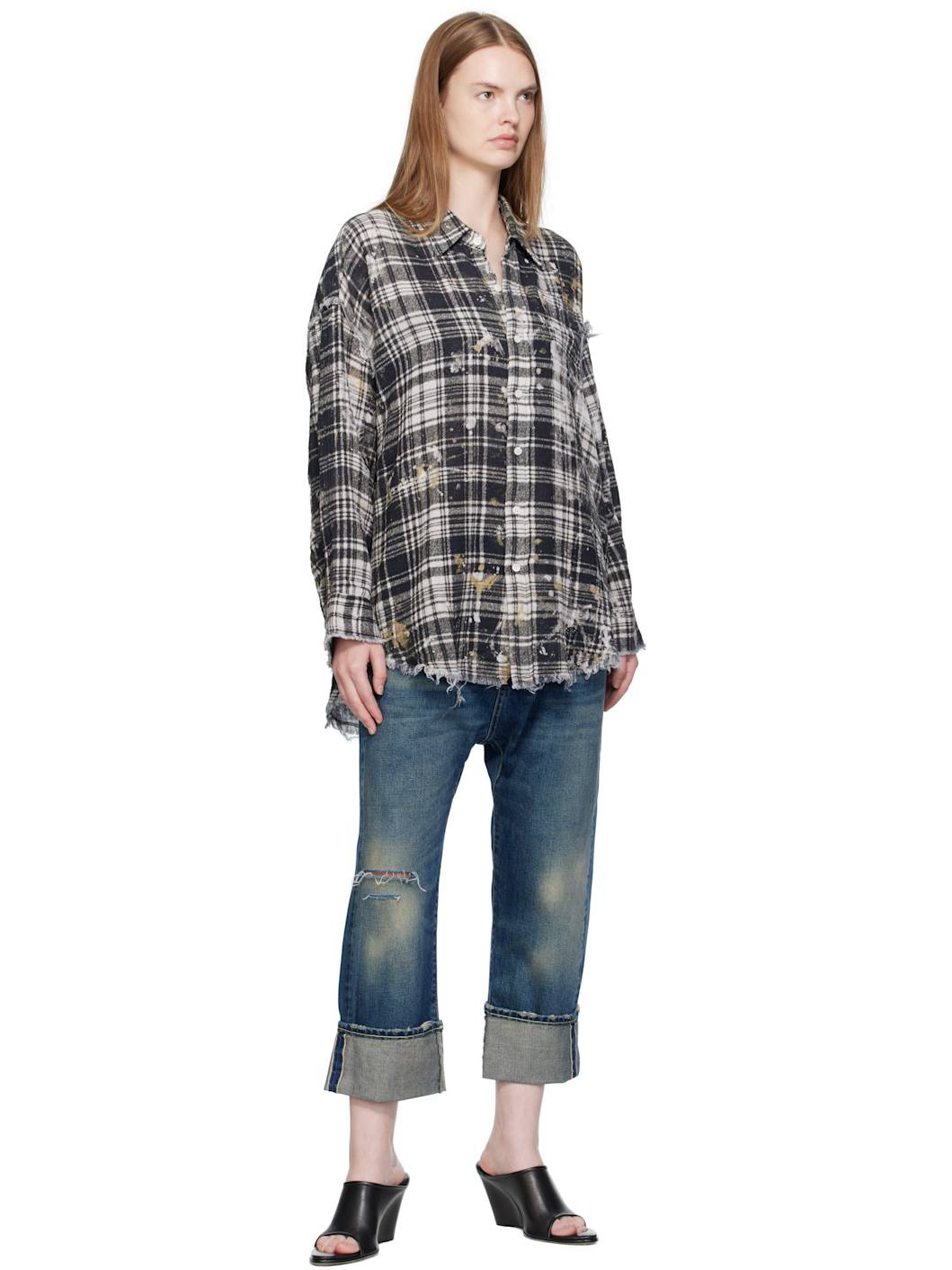 Black & Off-White Shredded Seam Drop Neck Shirt - 4