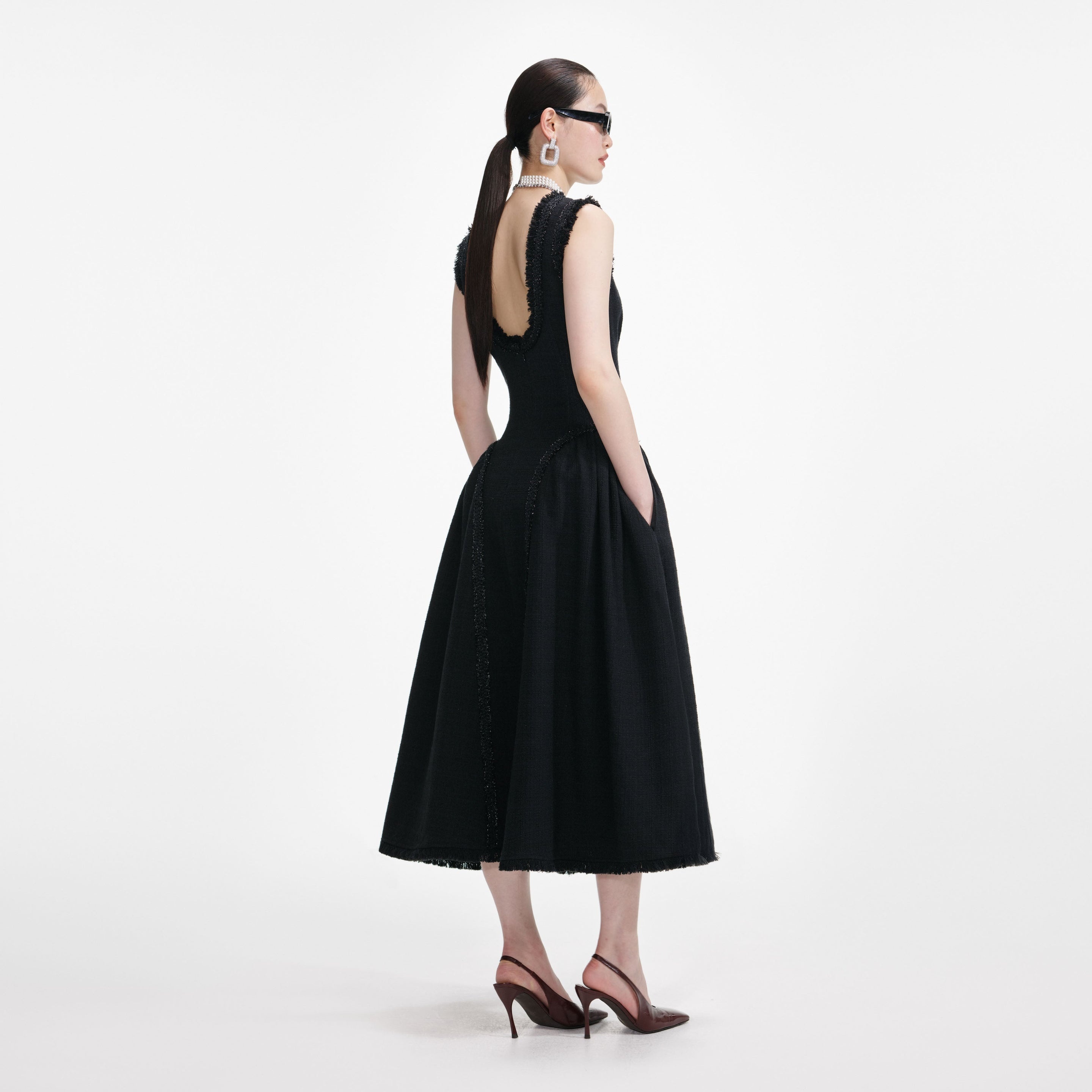Black Boucle Sleeveless Midi Dress - 3
