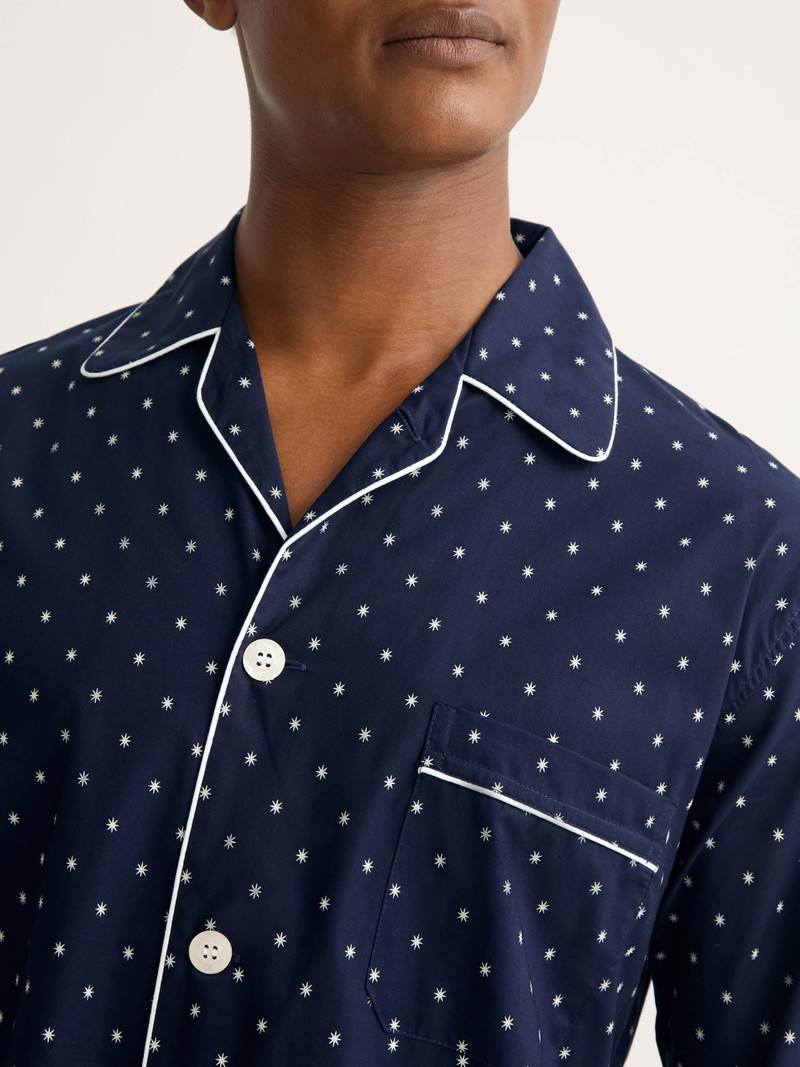 Men's Classic Fit Pajamas Cotton Batiste Navy Blue Starburst Print 5
