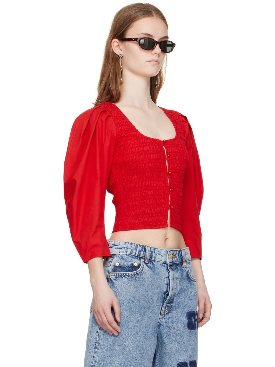 Red Smocked Blouse - 2