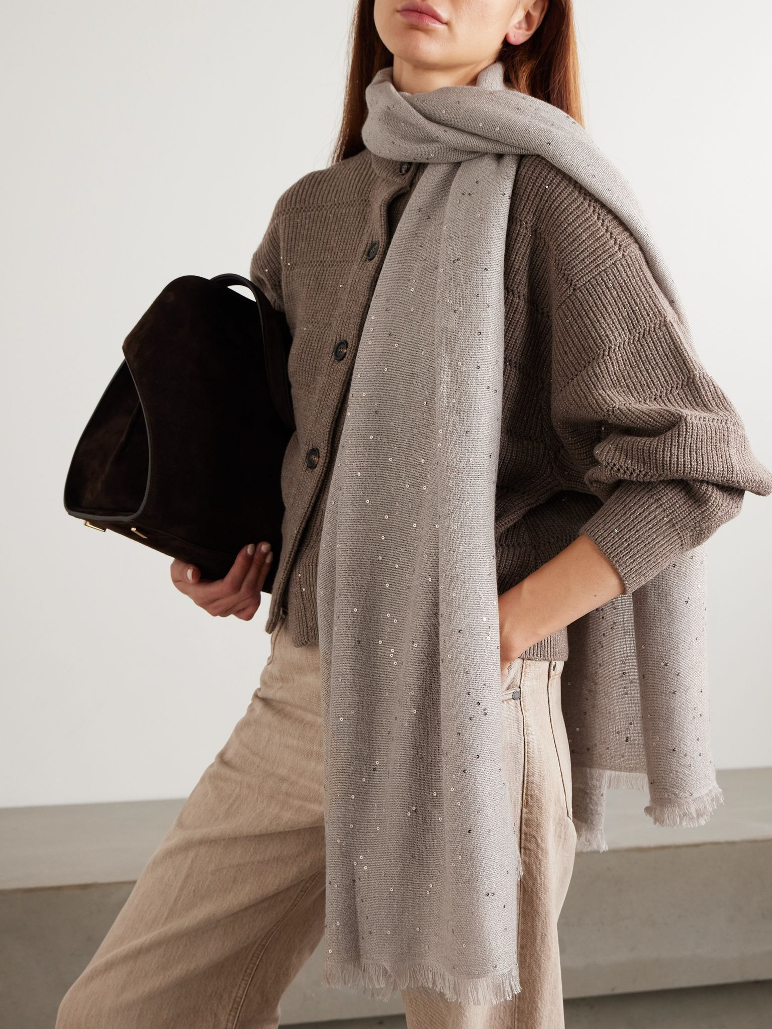 Sequined cashmere and silk-blend scarf Taupe - 2