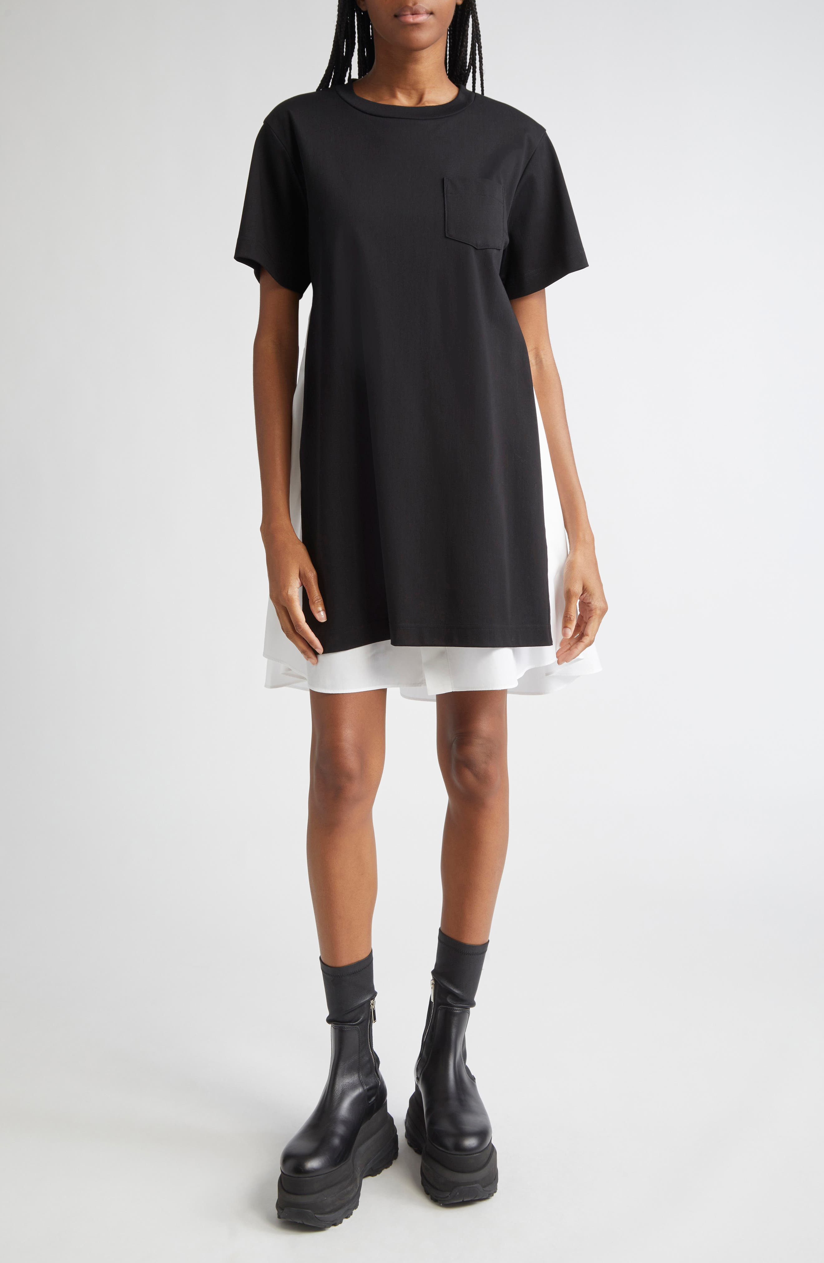 Sacai Mixed Media Poplin & Jersey Dress in Black/Off White at Nordstrom - 1