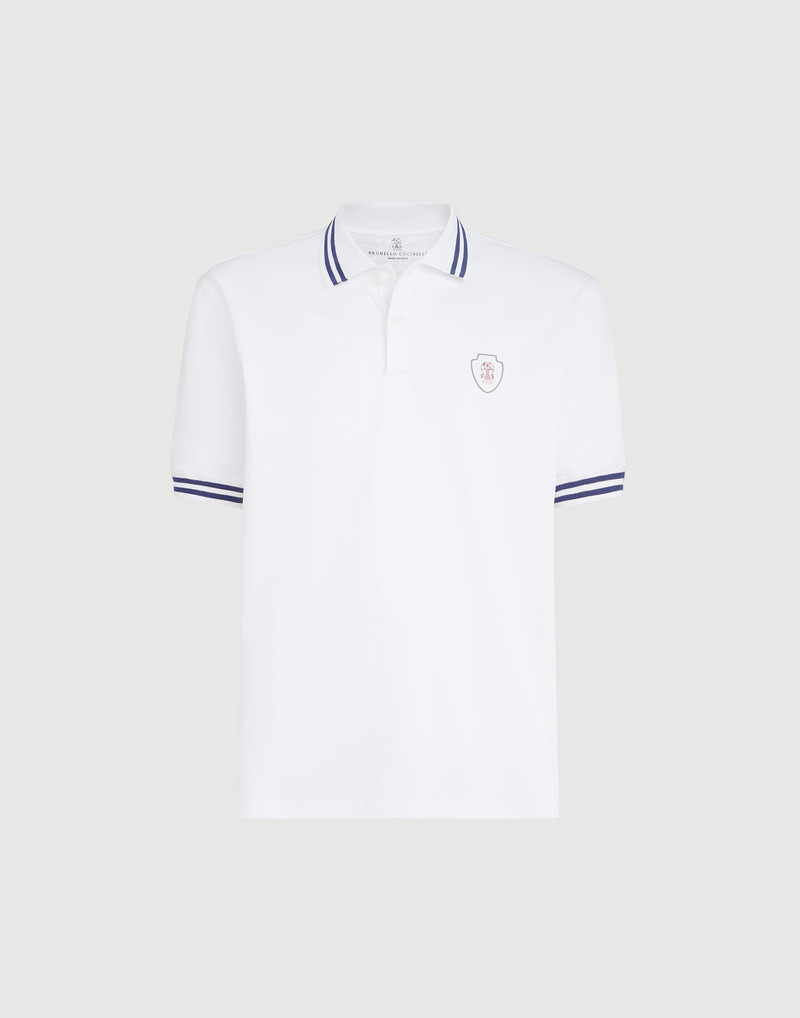 Cotton jersey polo shirt with striped collar and logo 1