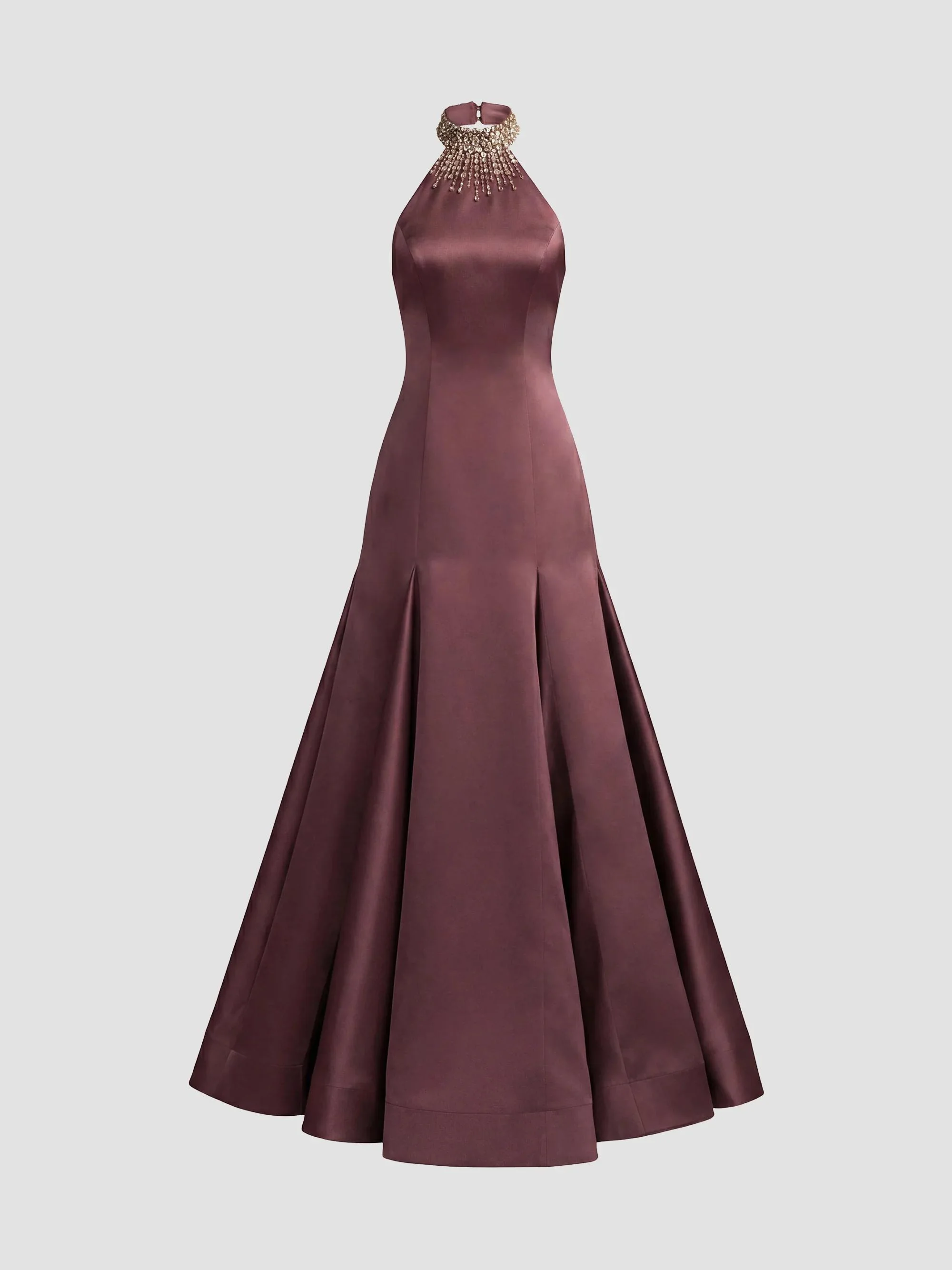 Women's Beaded Satin Sleeveless Godet Gown - Deep Plum - 1