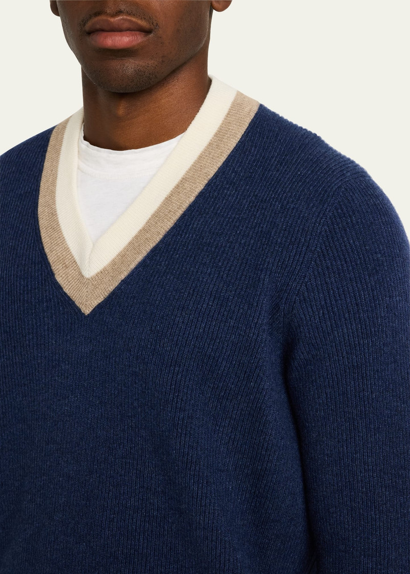 Men's Cashmere Double Varsity Stripe V-Neck Sweater 5