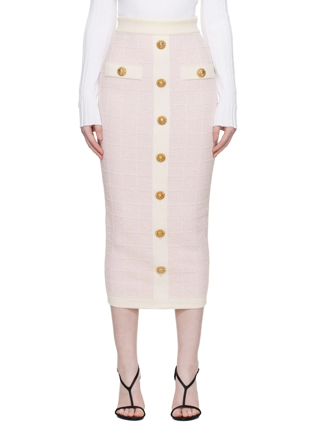 Pink Buttoned Knit Light Tweed Maxi Skirt - 1