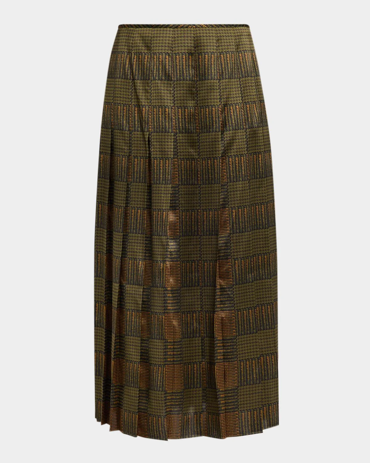 Pleated Glen Plaid-Print Silk Midi Skirt - 1