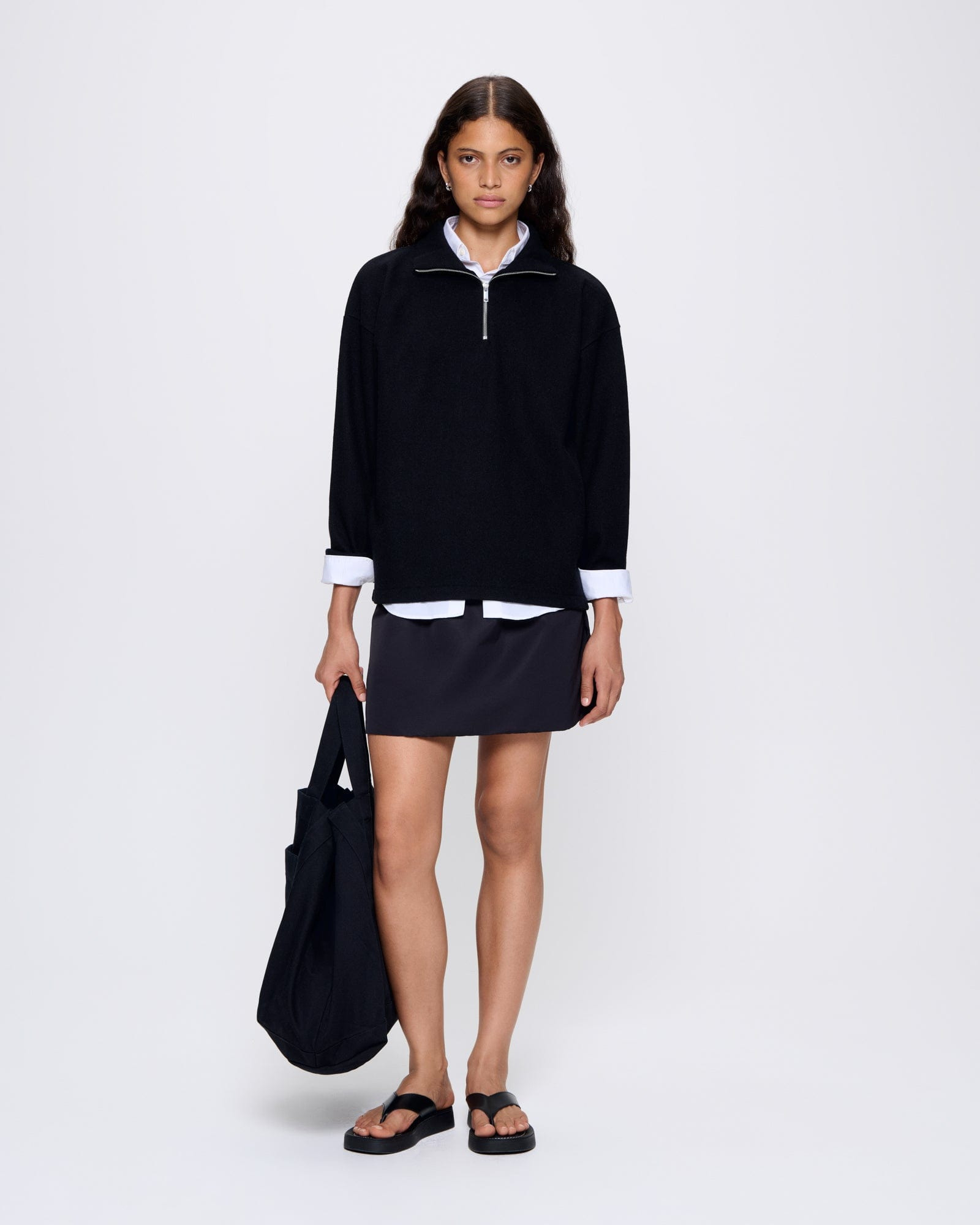 Women's Recycled Wool Jersey Half-Zip Sweater - Black - 2