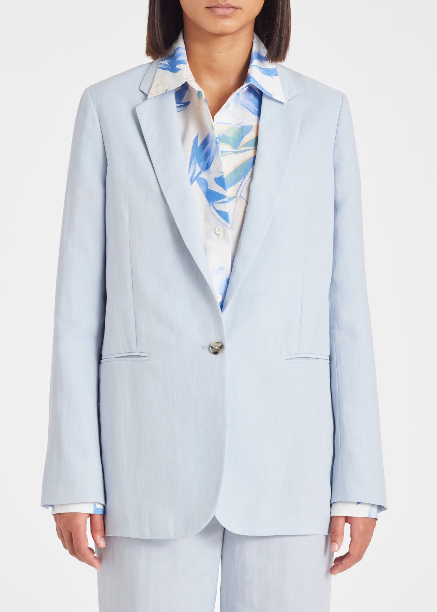 Pale Blue Linen One-Button Blazer - 5