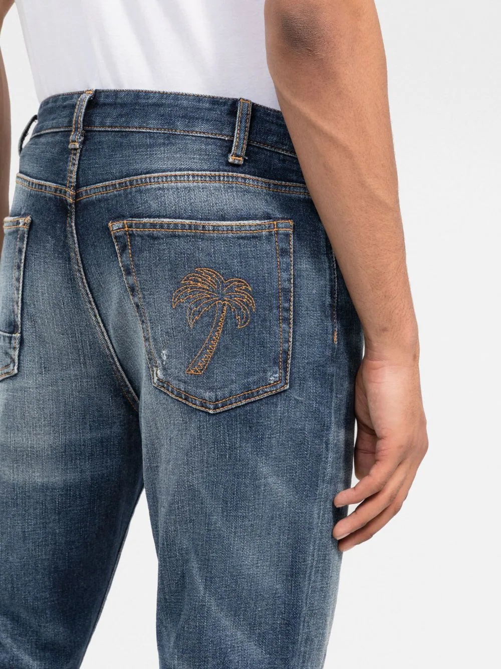 embroidered palm distressed jeans - 5