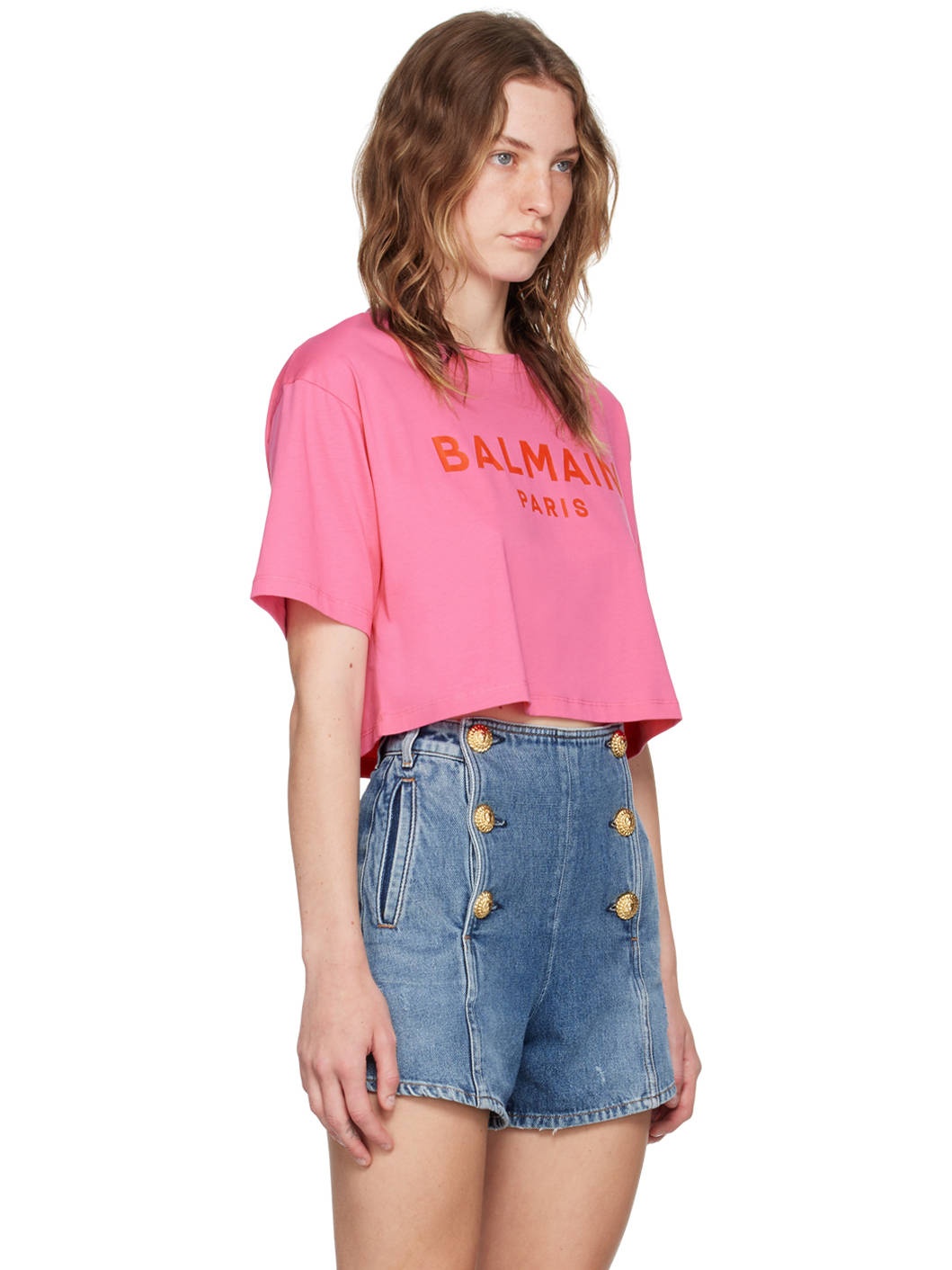 Pink 'Balmain Paris' Cropped T-Shirt - 2