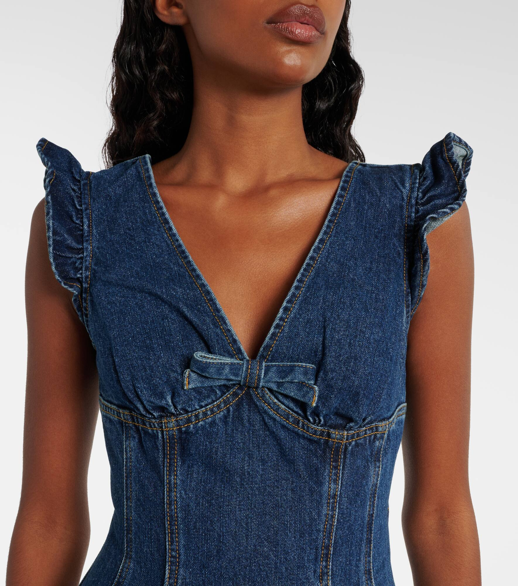 Bow-detail ruffled denim minidress - 4