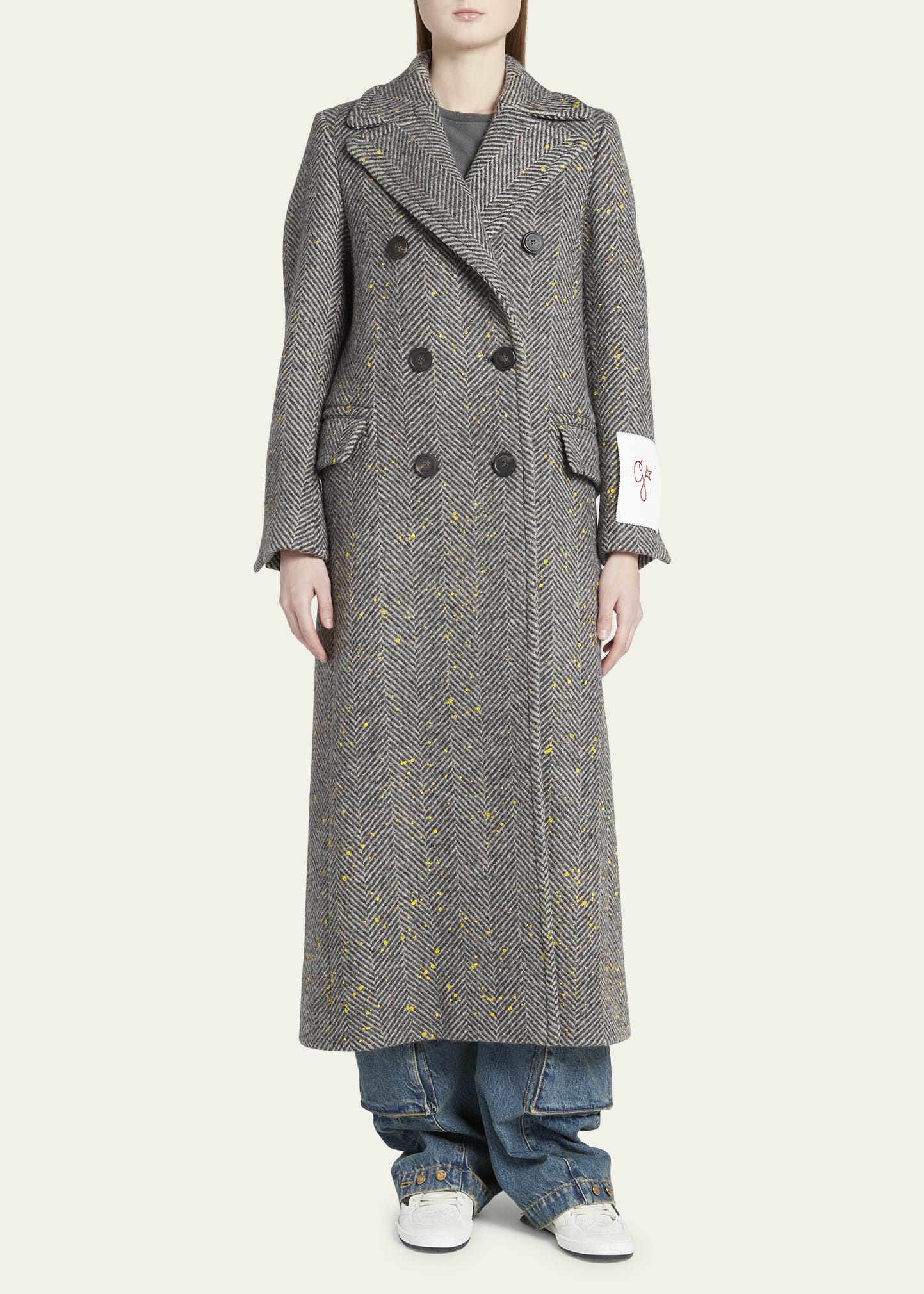 Double-Breasted Handpainted Chevron Wool Trench Coat - 2