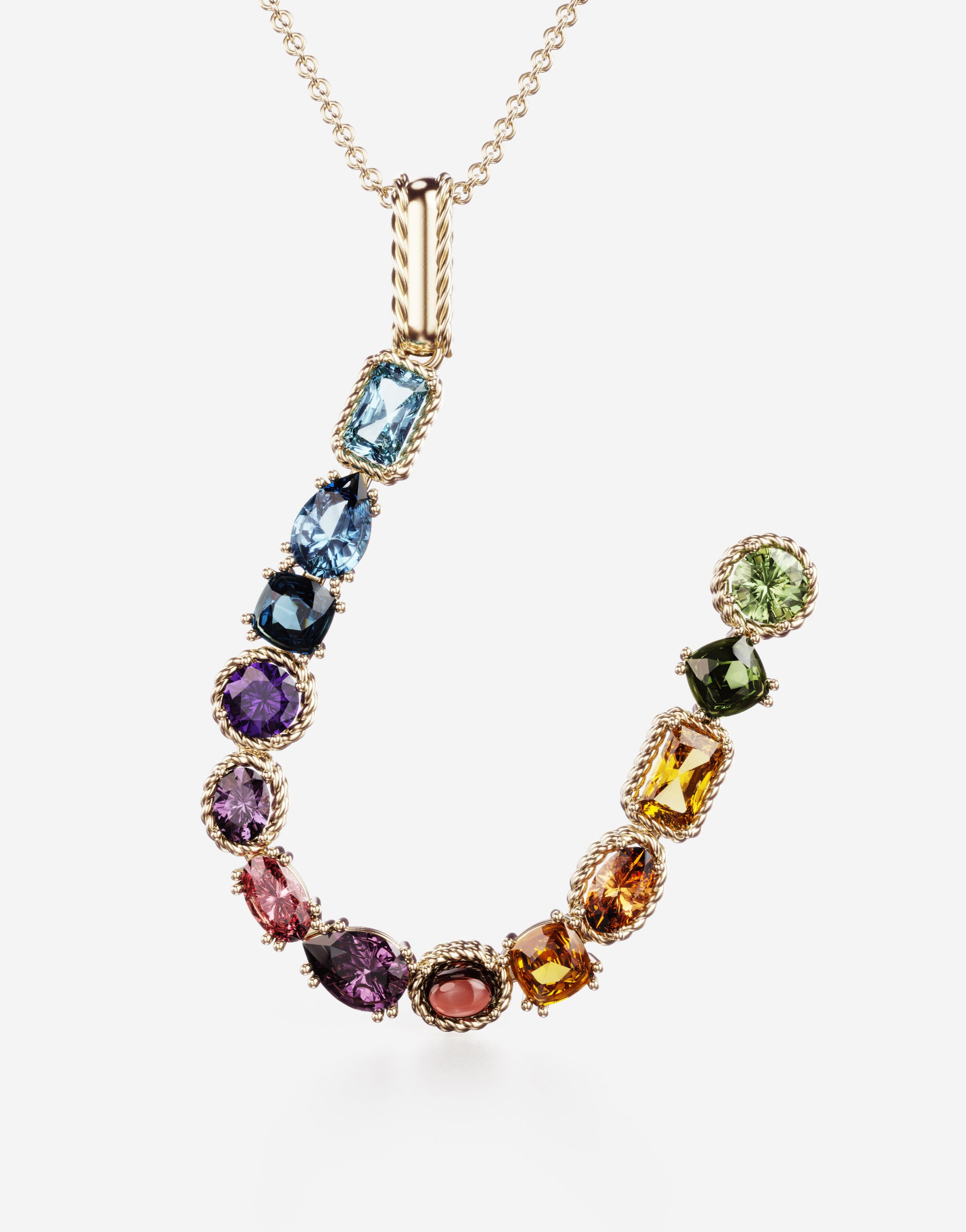 Rainbow alphabet U pendant in yellow gold with multicolor fine gems - 2