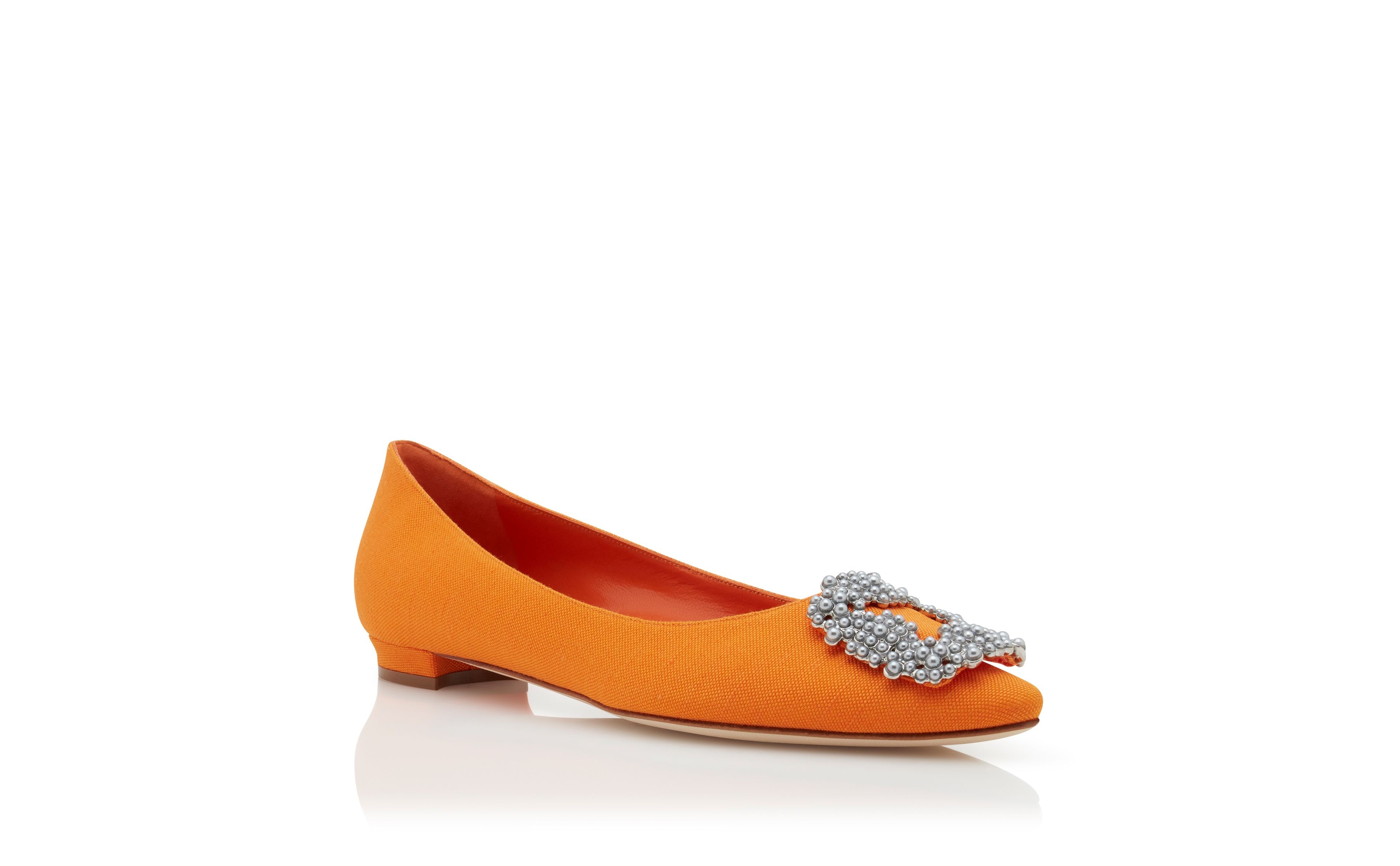 Orange Linen Pearl Buckle Flat Shoes - 3