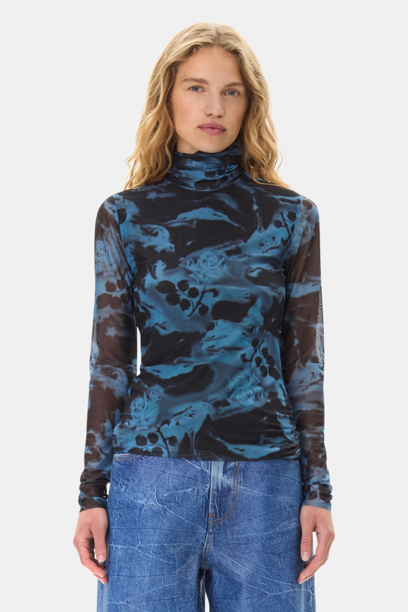 BLUE PRINTED MESH LONG SLEEVE ROLLNECK - 3