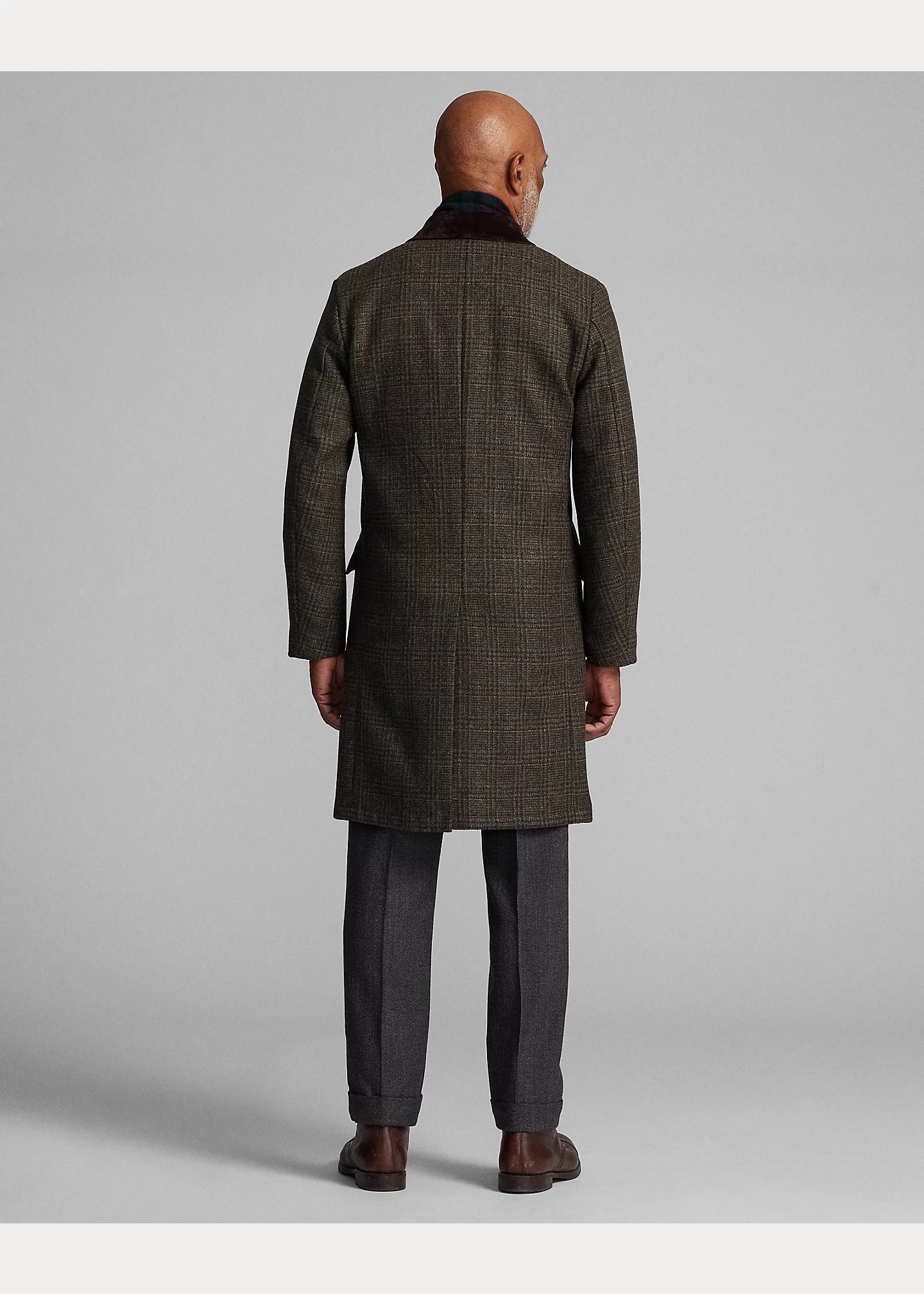 Velvet-Collar Plaid Shetland Wool Coat - 4