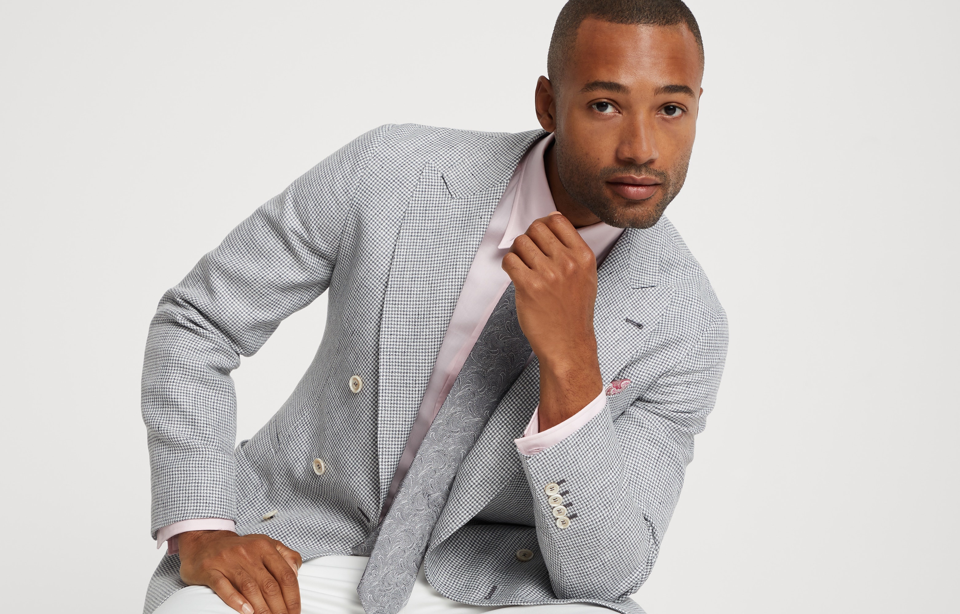Linen houndstooth one-and-a-half breasted deconstructed blazer with patch pockets - 6