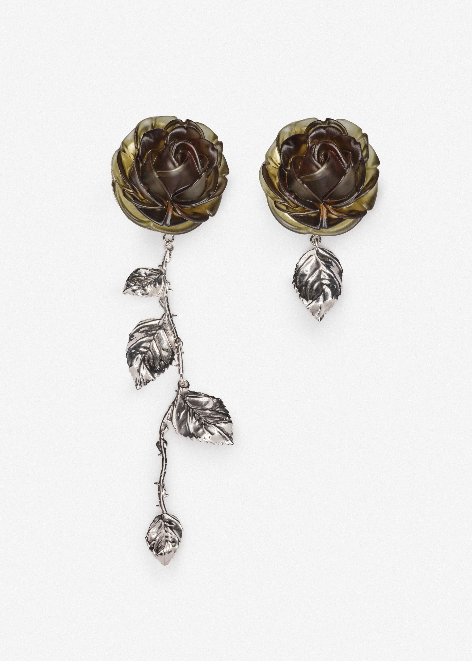 Rose asymmetric drop earrings in khaki and silver - 1