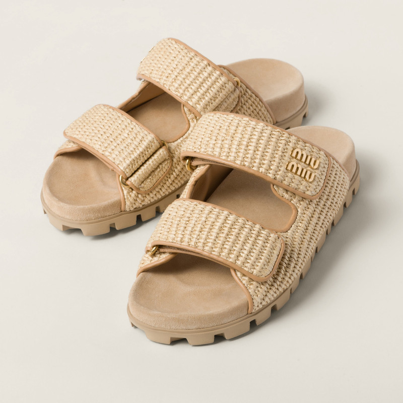 Raffia-effect woven fabric slides 4