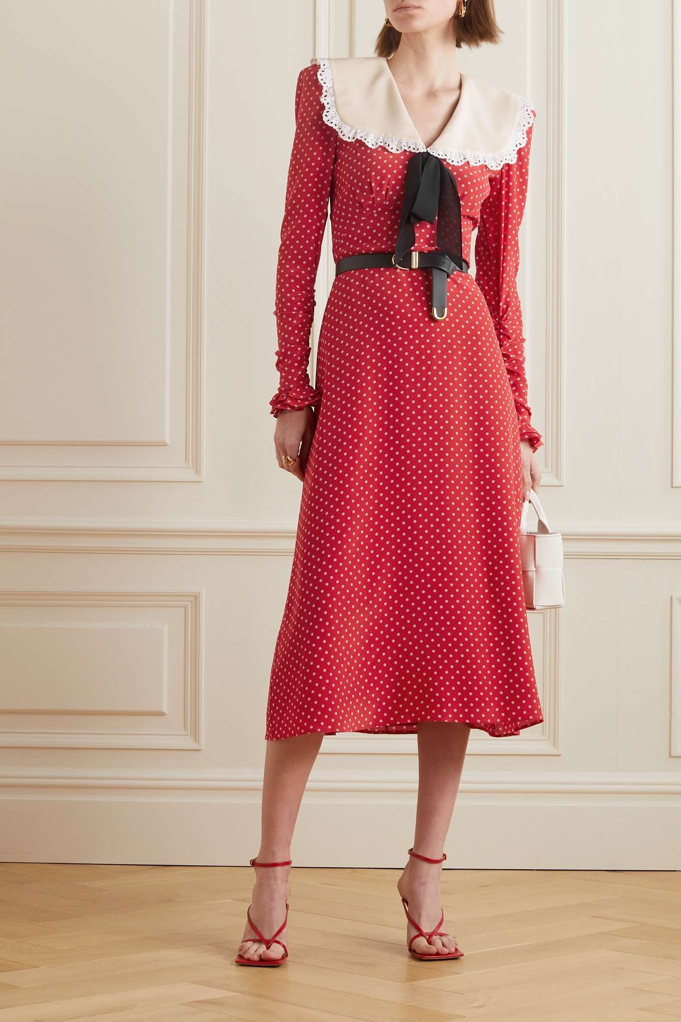 Broderie anglaise-trimmed polka-dot silk crepe de chine midi dress - 2