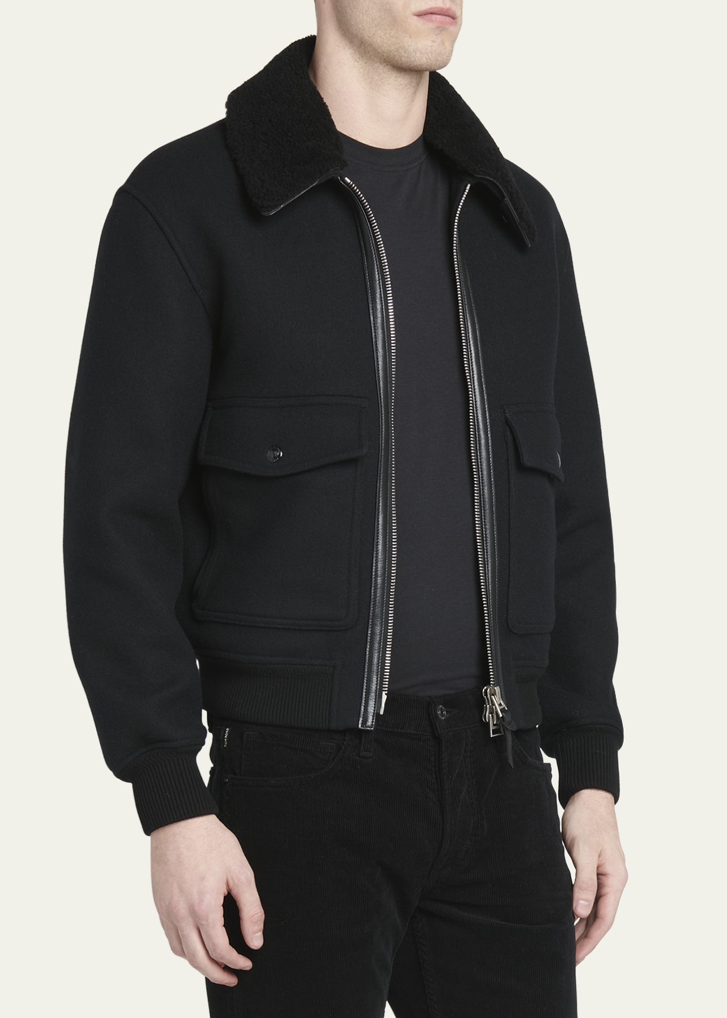 Men's Double-Face Wool Blend Jacket with Removable Shearling Collar - 4