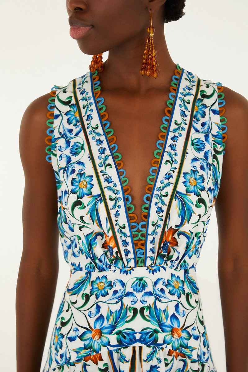 FARM RIO Off-White Flora Tile Scallop Euroflax Premium Linen Maxi Dress outlook