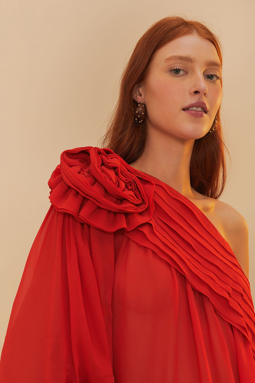 Red Rose Puff Sleeve One-Shoulder Blouse - 3