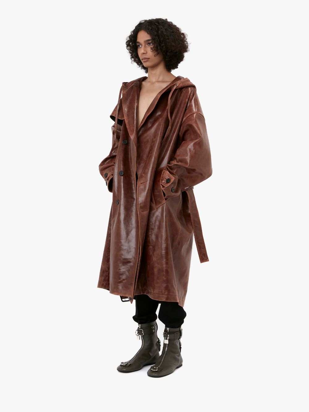 HOODED LEATHER TRENCH COAT - 5