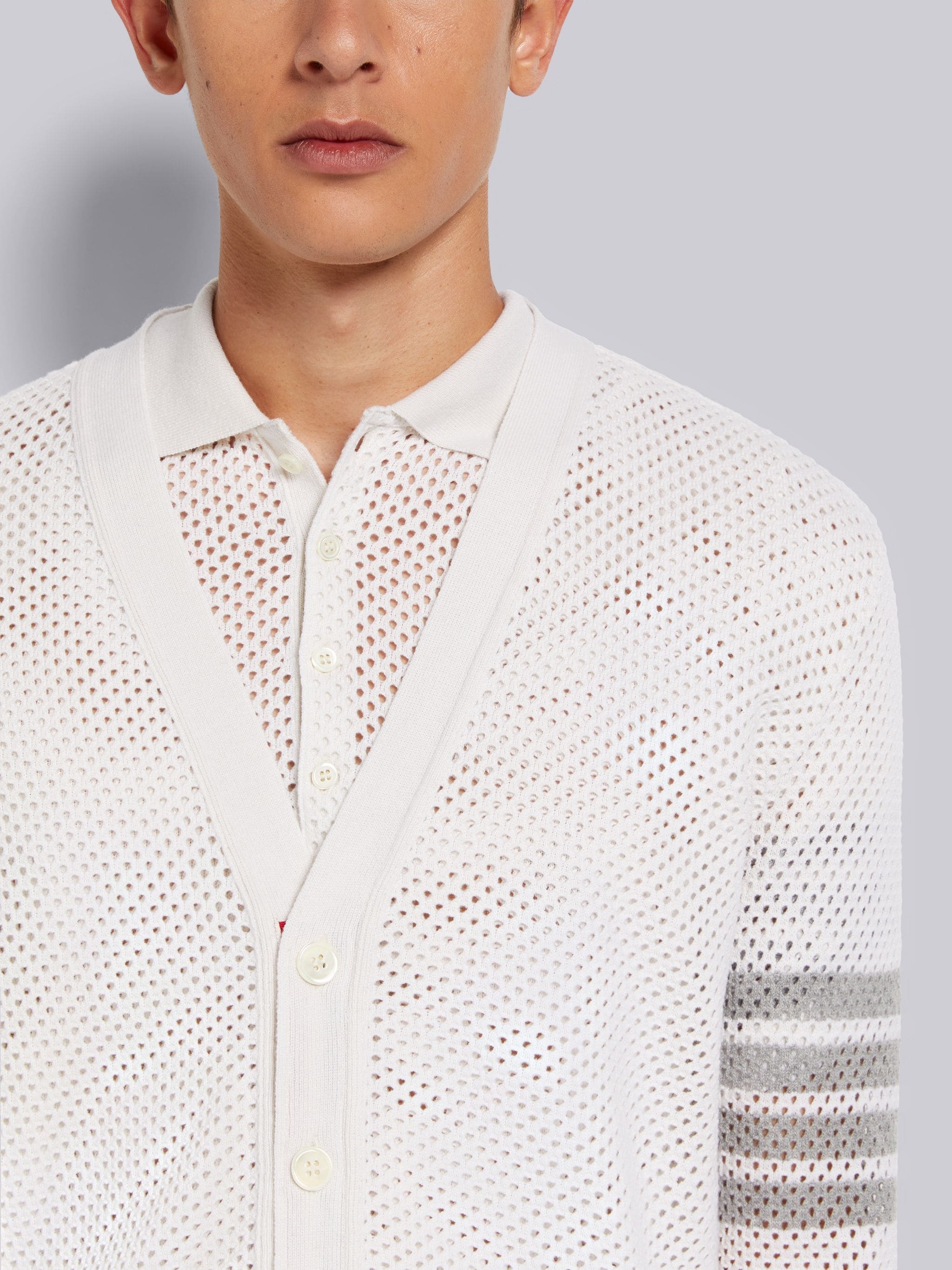 White Cashmere Mesh 4-Bar V-Neck Cardigan - 5