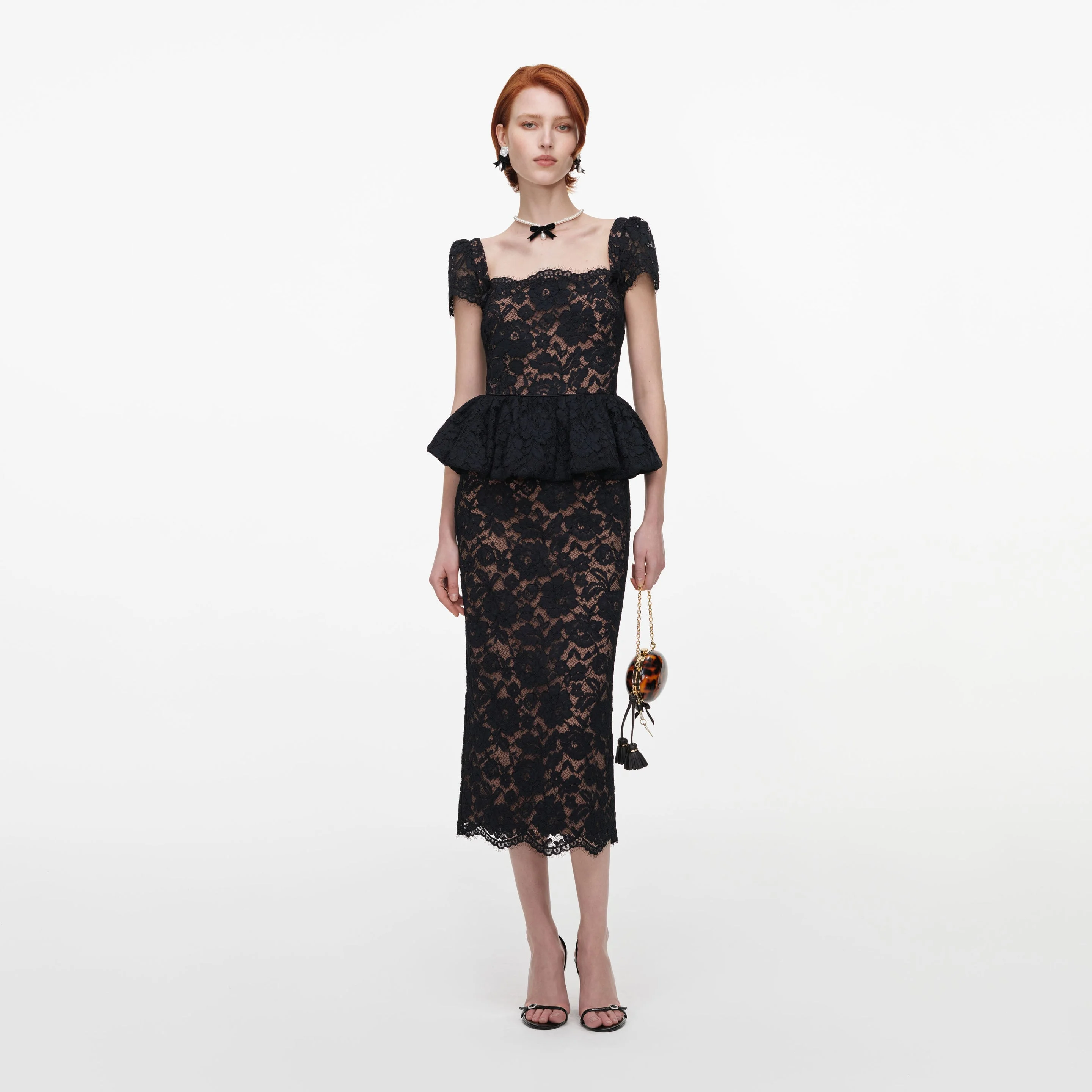 Black Fine Lace Peplum Midi Dress - 1