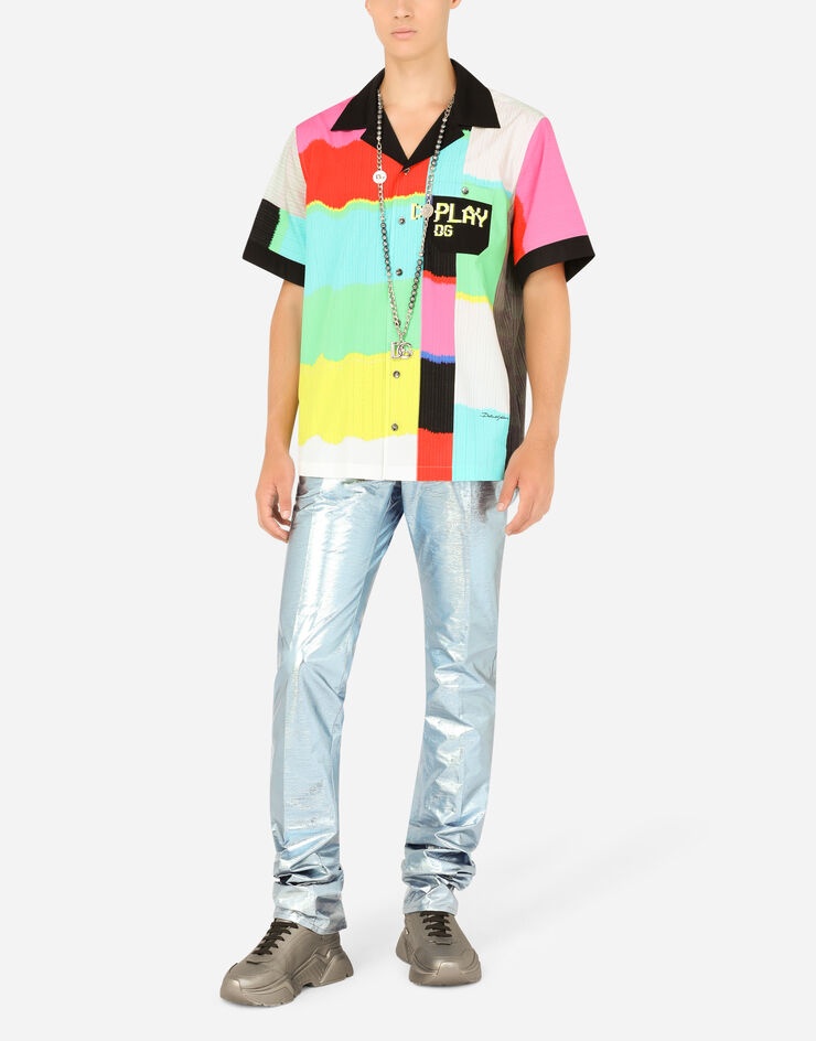 Cotton Hawaiian shirt with multi-color glitch print - 6