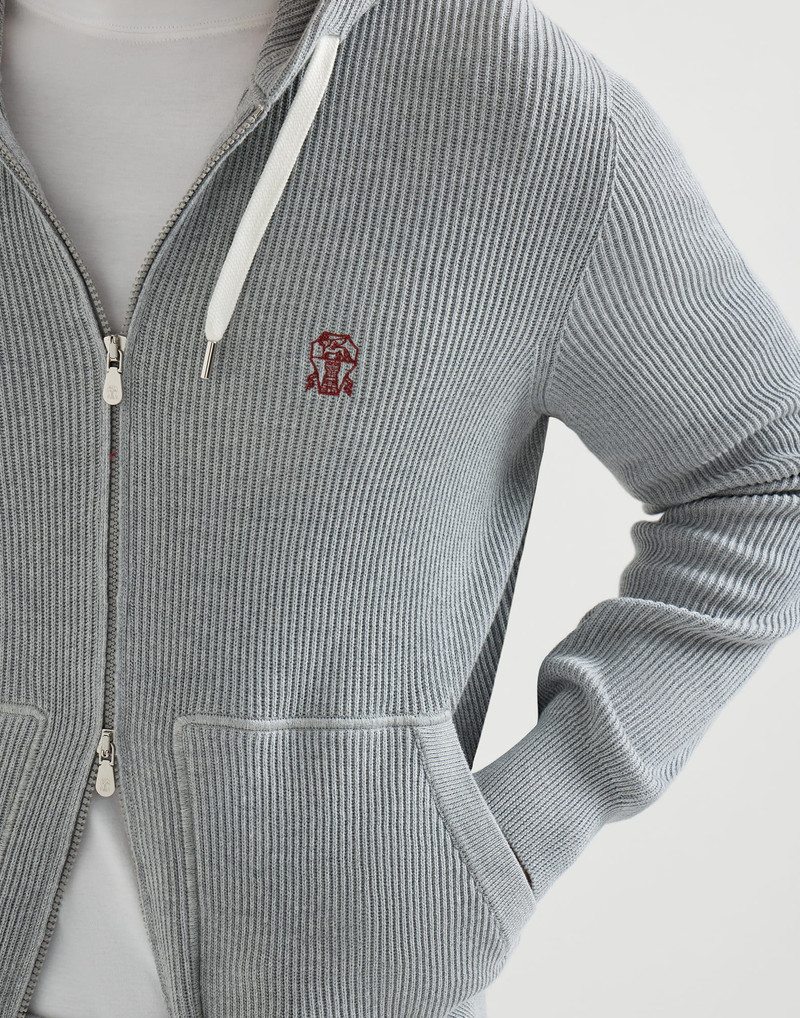 Cotton English rib knit hooded sweatshirt with logo and zipper 4