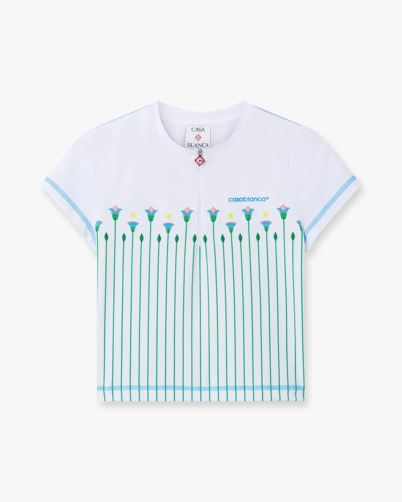 White Floral Stripe Sporty Quarter Zip Tennis Top | Casablanca Paris - 1