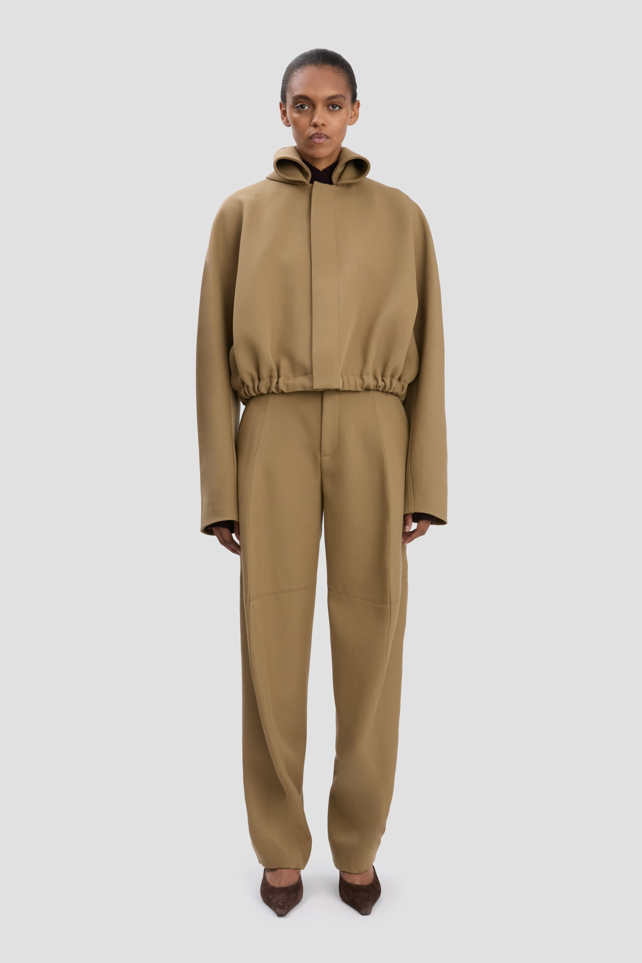 Oversized Roll Neck Bomber Jacket In Dark Camel - 2