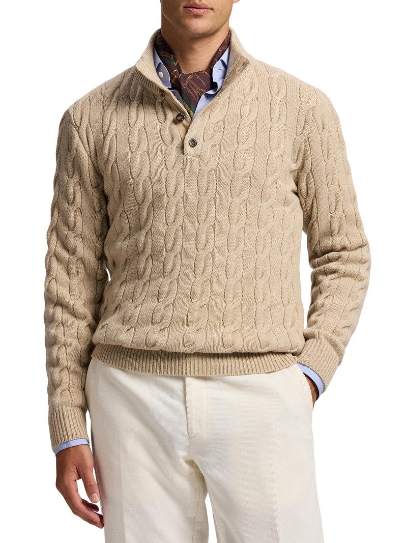 Men's Cable-Knit Mockneck Cashmere Sweater - Champagne Melange 3