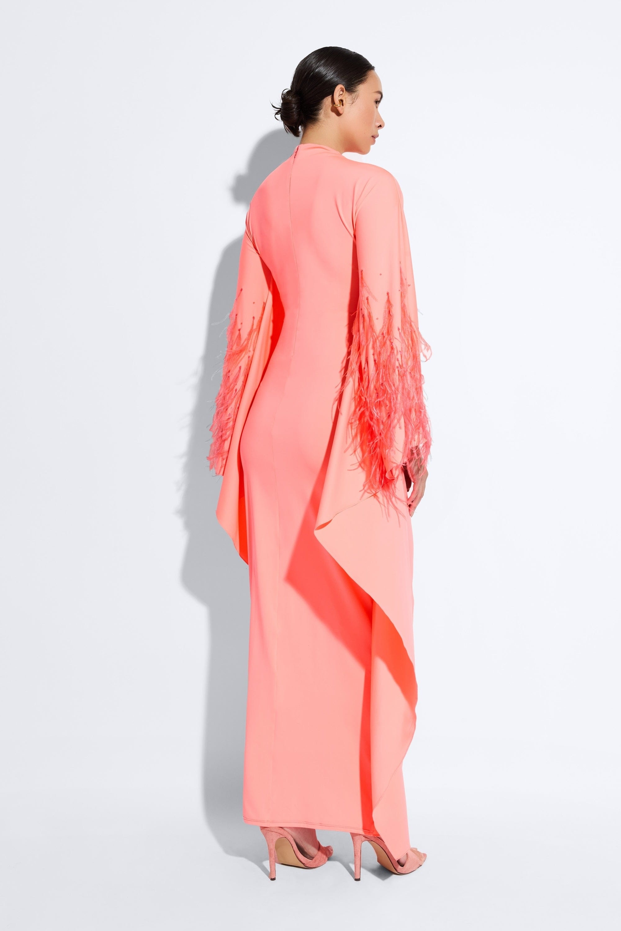 Compact Jersey Mock Neck Batwing Gown With Feather - 3