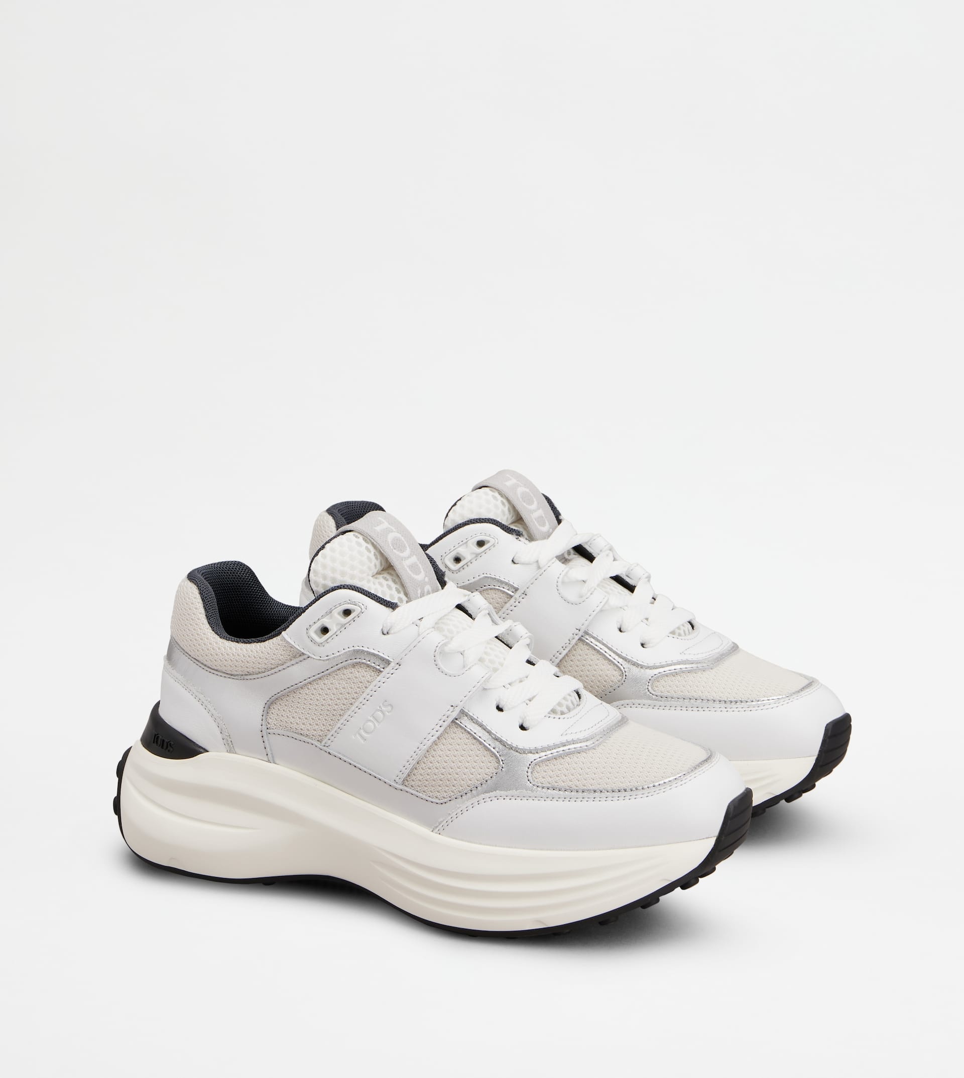 SNEAKERS IN LEATHER AND FABRIC - WHITE, SILVER - 2