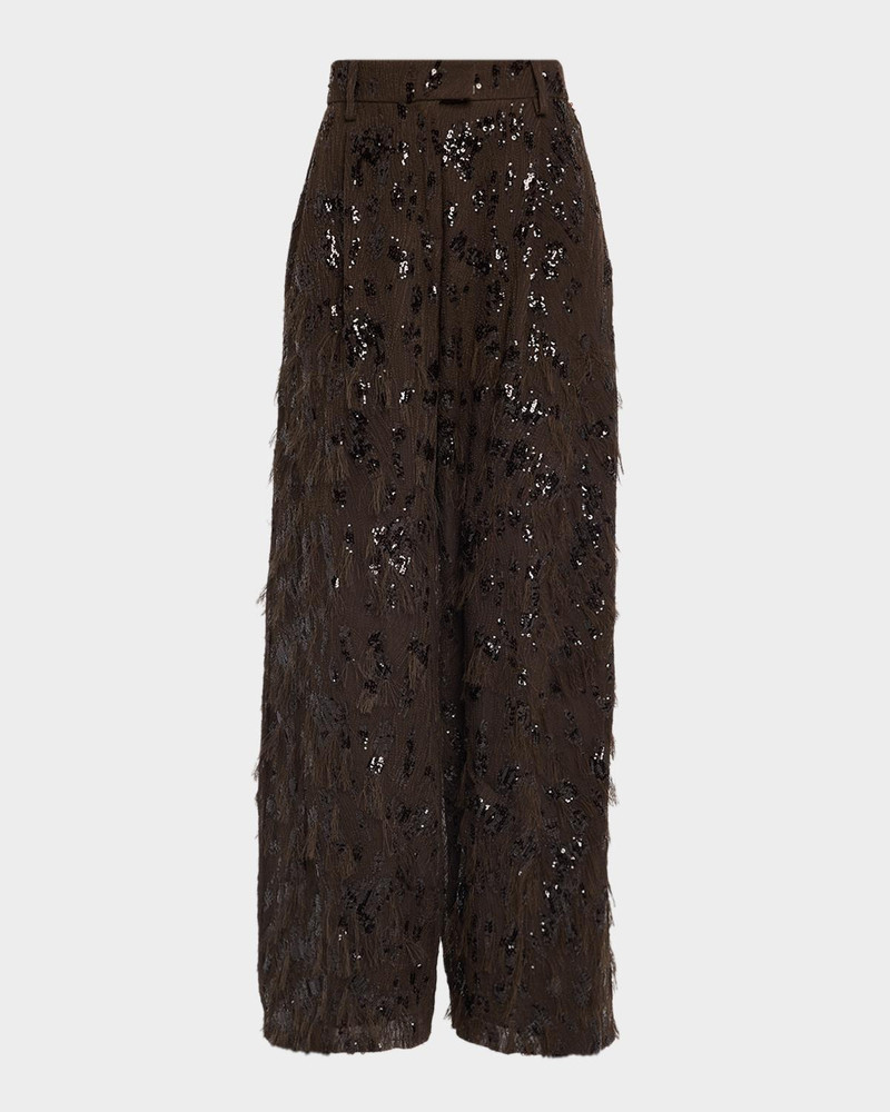 Animalier Sequined Fringe Silk Wide-Leg Trousers 1