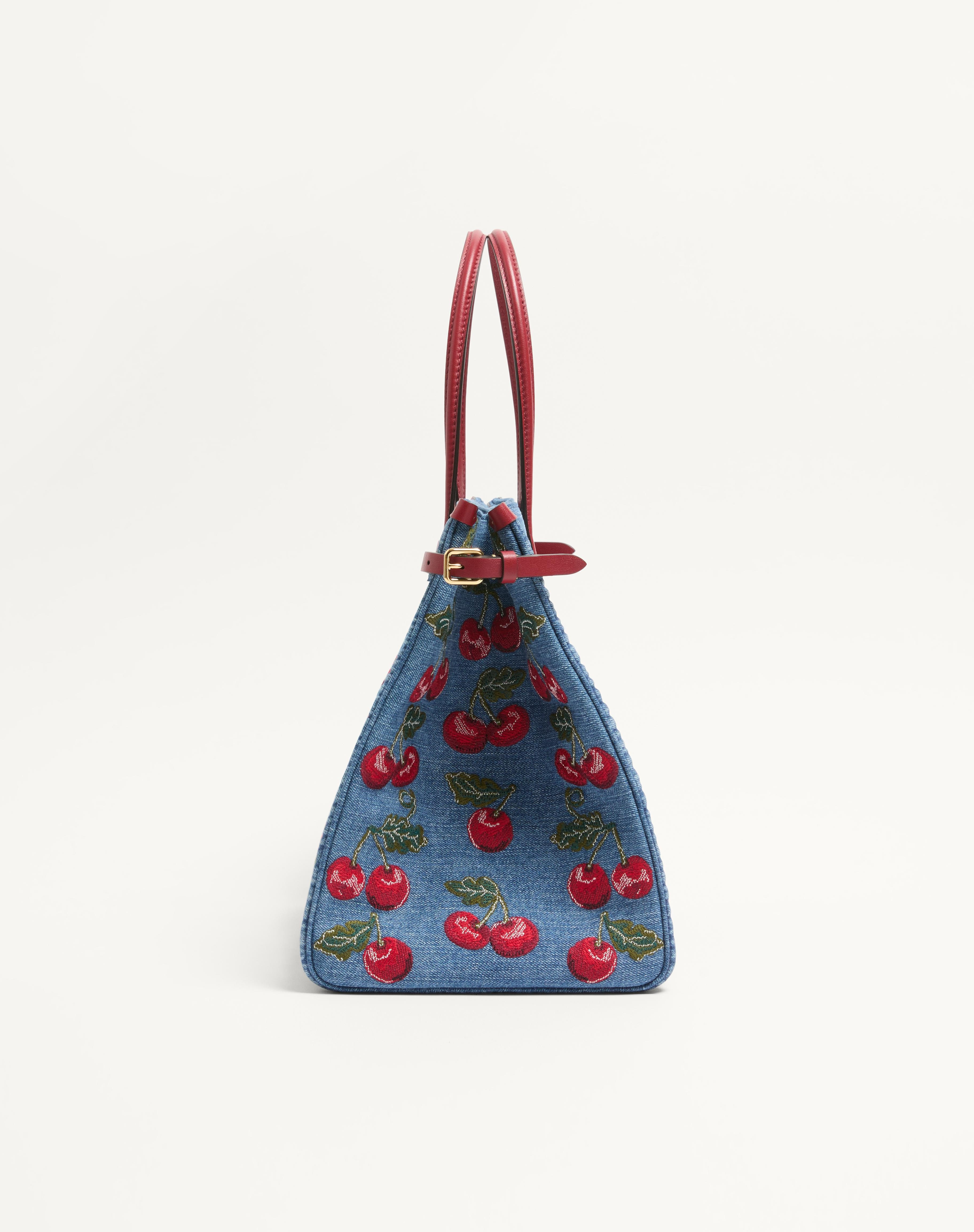 VALENTINO GARAVANI ANTIBES MEDIUM SHOPPING BAG IN DENIM WITH CHERRYFIC EMBROIDERY - 3