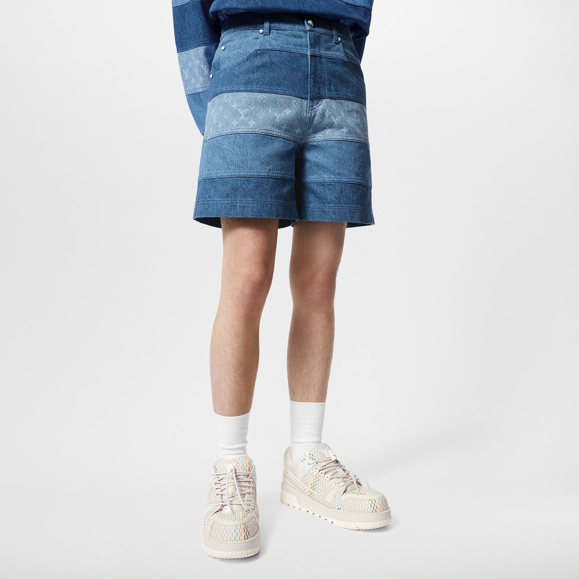 Striped Patchwork Denim Shorts - 2