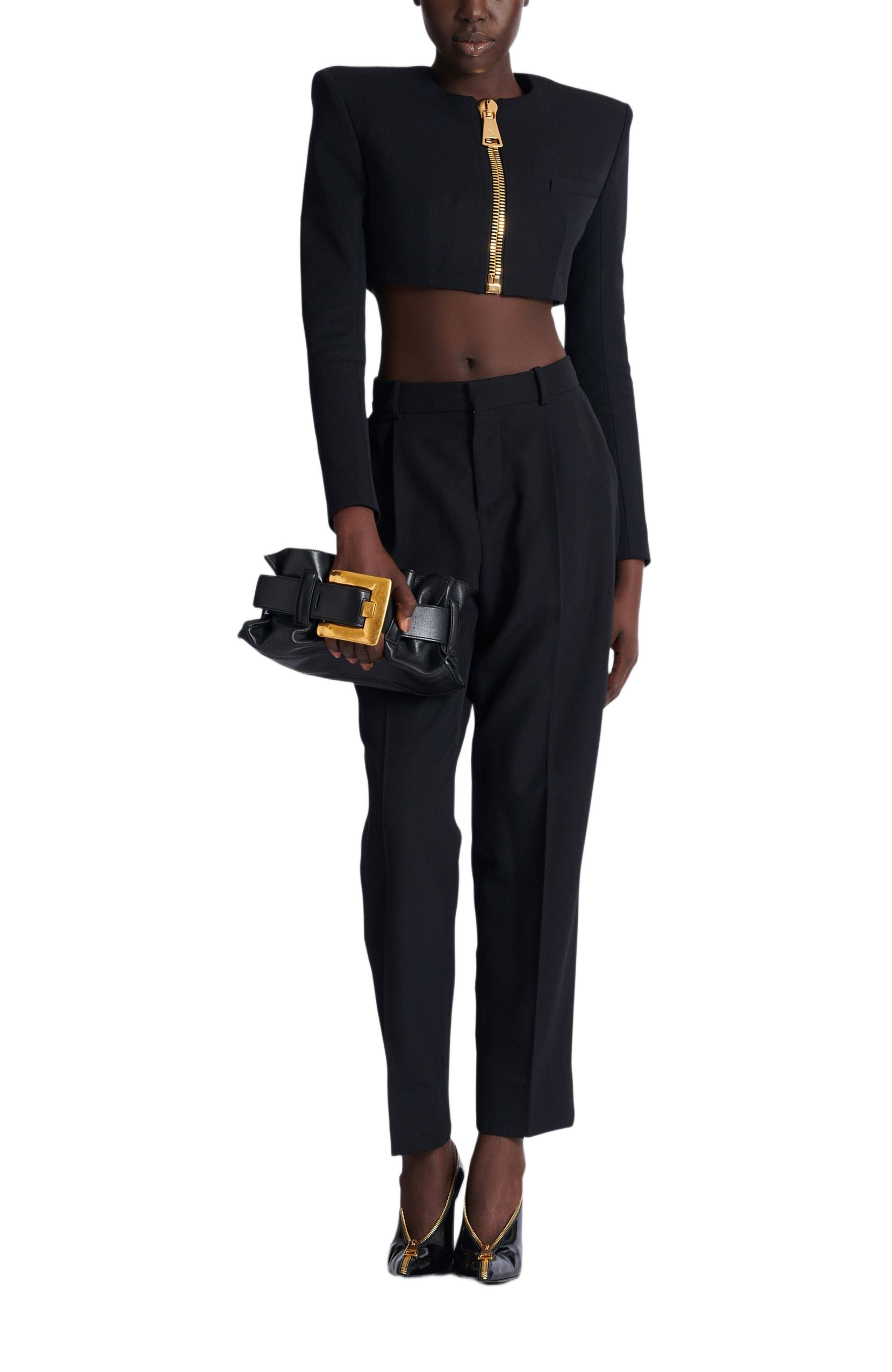 Balmain Cropped Jacket In Grain De Poudre Wool in Black at Nordstrom - 3