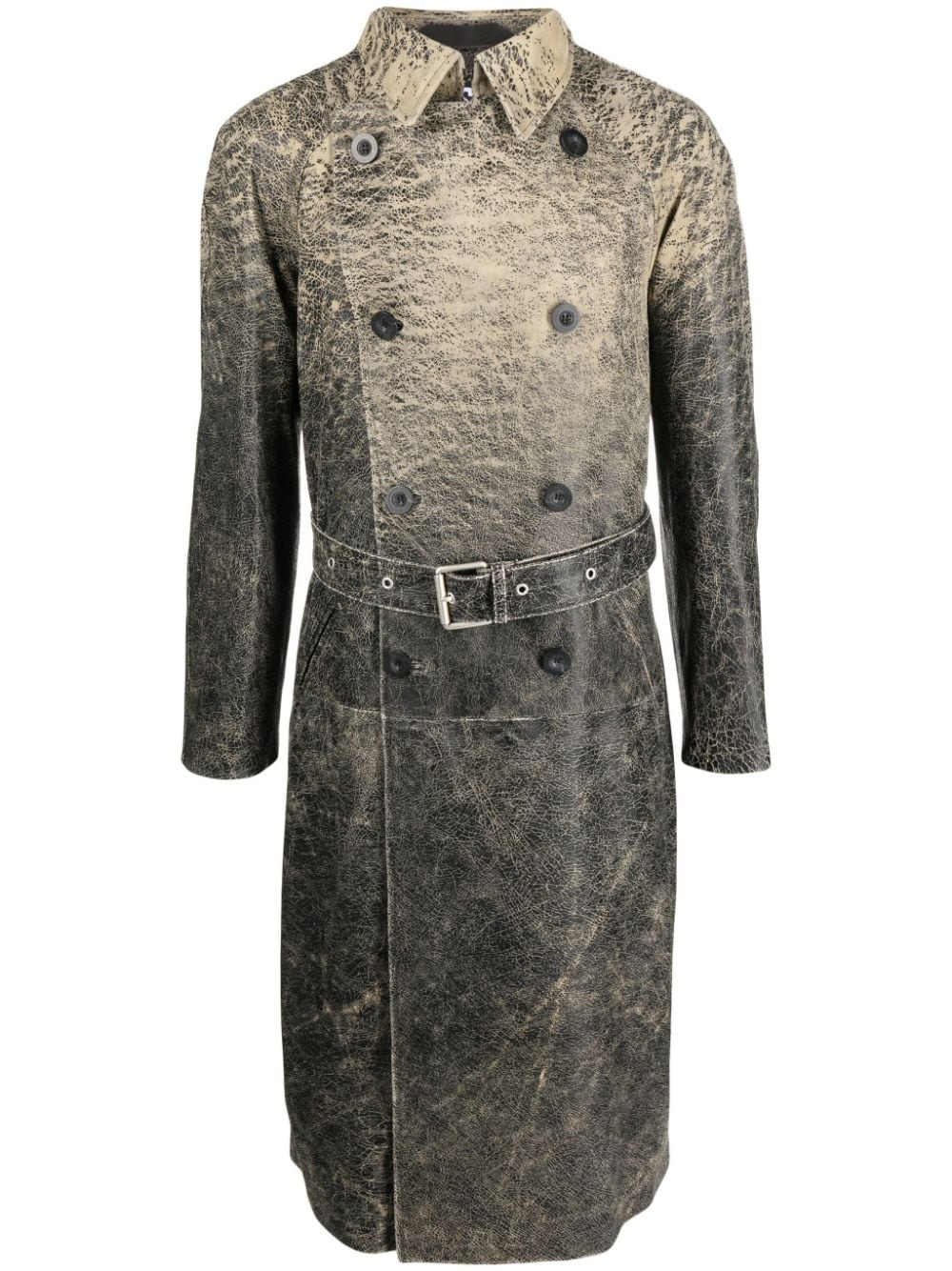 distressed-effect leather trench coat - 1